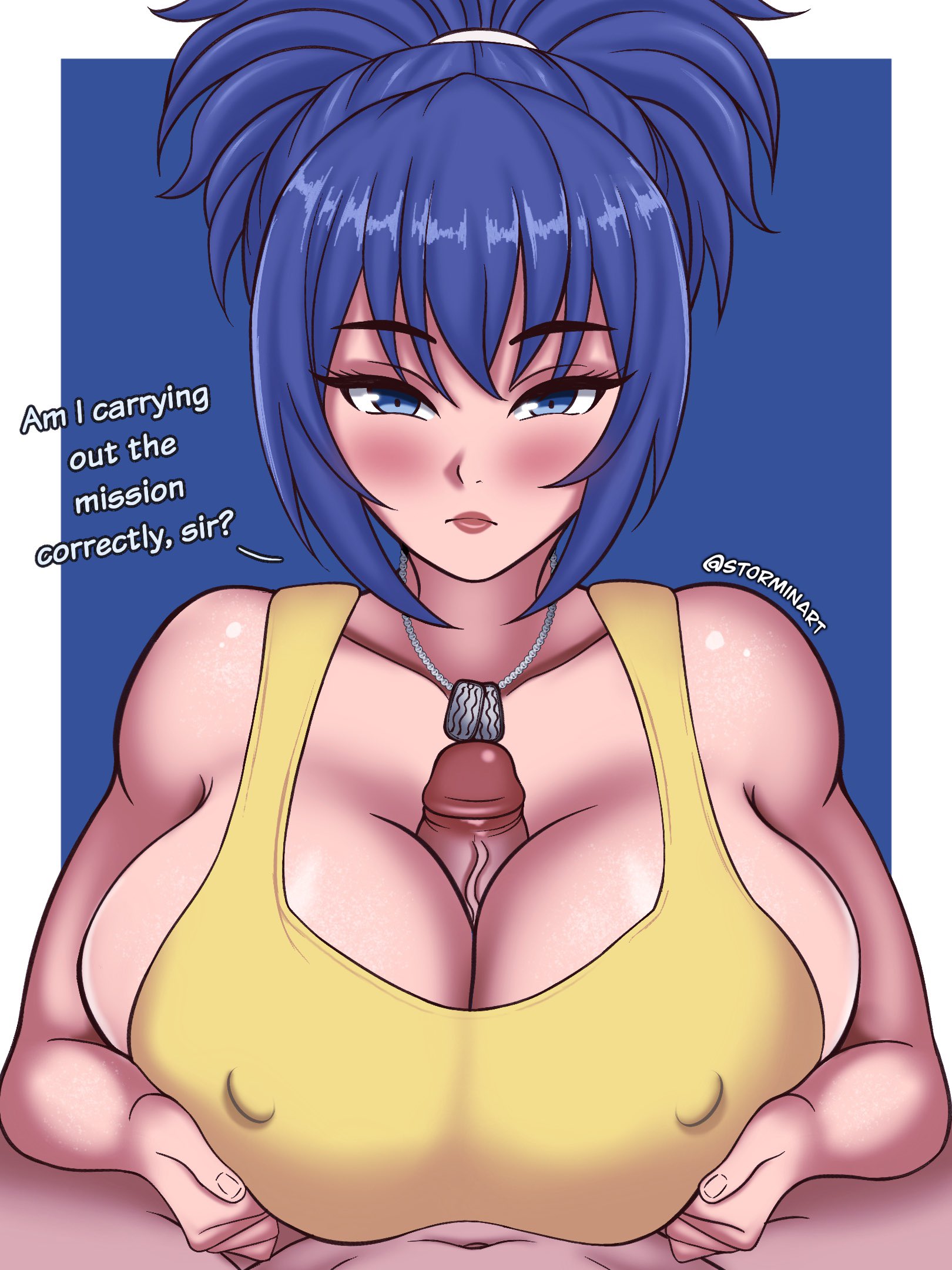 1boy, 1girls, alternate breast size, between breasts, big breasts, blue eyes, blue hair, bouncing breasts, breast press, breasts, breasts squeezed together, clothed, clothed female, female, grabbing, grabbing breasts, grabbing cock, grabbing penis, hard cock, huge breasts, ikari warriors, king of fighters, large breasts, leona heidern, light skin, light-skinned female, long hair, looking at viewer, male, nipple bulge, nipples, paizuri, paizuri lead by female, paizuri on lap, paizuri under clothes, pale skin, pale-skinned female, ponytail, pov, pov eye contact, pov paizuri, shirt, snk, source request, storminart, straight, tagme, tank top, text, thick, tight clothes, tight clothing, tight fit, tight shirt, white female, yellow shirt