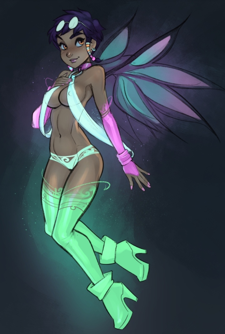 1girls, 2010s, 2016, blue hair, dark skin, dark-skinned female, digital drawing (artwork), digital media (artwork), disney, ear piercing, fairy, female, female protagonist, functionally nude, glasses, glasses on head, hair ornament, half naked, hand on chest, high heels, large ass, large breasts, magical girl, nipple bulge, nipples, nipples visible, no ai, o-ring, o-ring choker, old art, orange eyes, panties, patreon link, pink lips, pink lipstick, pink nail polish, pink nails, psudonym, round glasses, short hair, solo, taranee cook, thighhighs, visible nipples, w.i.t.c.h., wings