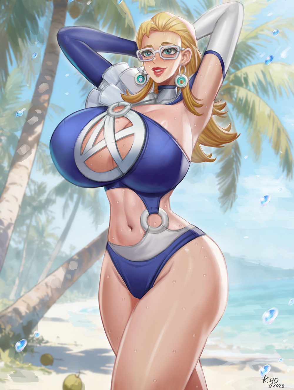 1girls, beach, big breasts, blonde hair, blue eyes, breasts, cleavage, fantastic four, huge breasts, invisible woman, invisible woman (azure shade), invisible woman (marvel rivals), kyopink, large breasts, marvel, marvel comics, marvel rivals, solo, sue richards, sue storm, swimsuit, thick thighs, thighs
