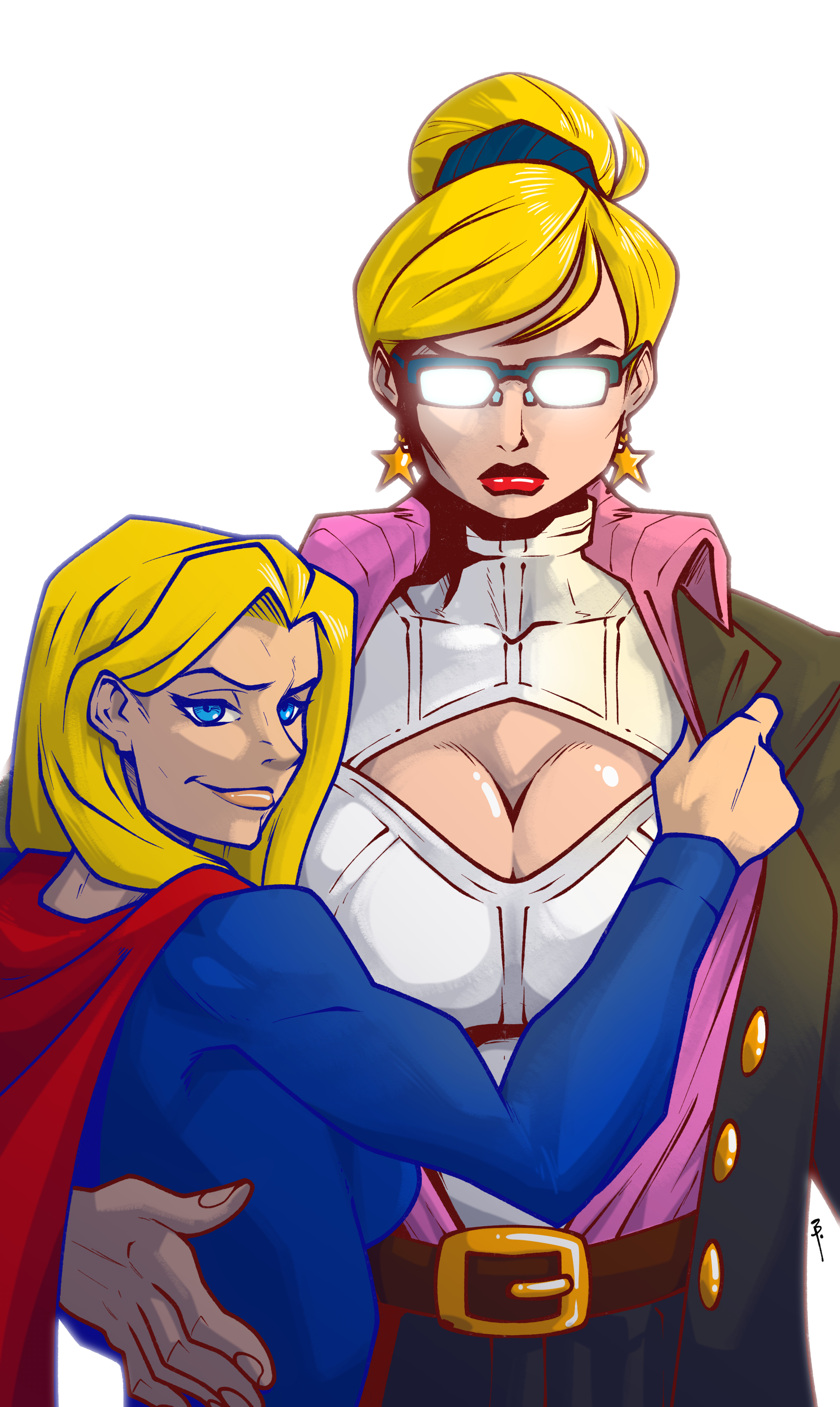 2girls, alternate hairstyle, big breasts, blonde female, blonde hair, blue eyes, boob window, breasts, cleavage, cleavage cutout, clothed, dc, dc comics, female, female kryptonian, female only, glasses, hair up, kara zor-el, kara zor-l, karen starr, kryptonian, large breasts, multiple girls, muscular, muscular female, pierremateus, power girl, secret identity, selfcest, short hair, smile, supergirl, superman (series), yuri