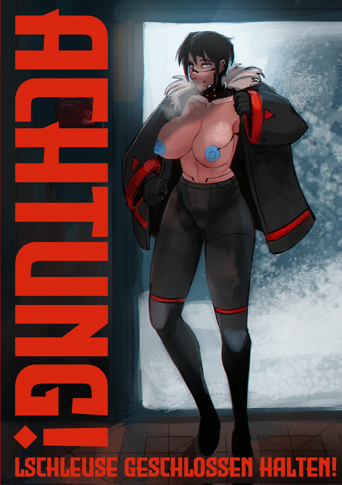 1girls, 2025, 2d, 2d (artwork), android, android girl, blue nipples, breasts out, casual, clothing, cyborg, cyborg girl, elster (signalis), emp lines, exposed breasts, female, female focus, female only, jacket, looking at viewer, military uniform, nonsexual, nonsexual nudity, ony01, outerwear, pale skin, poster, propaganda, propaganda poster, robot, robot girl, signalis, text, topless, topless female, uniform