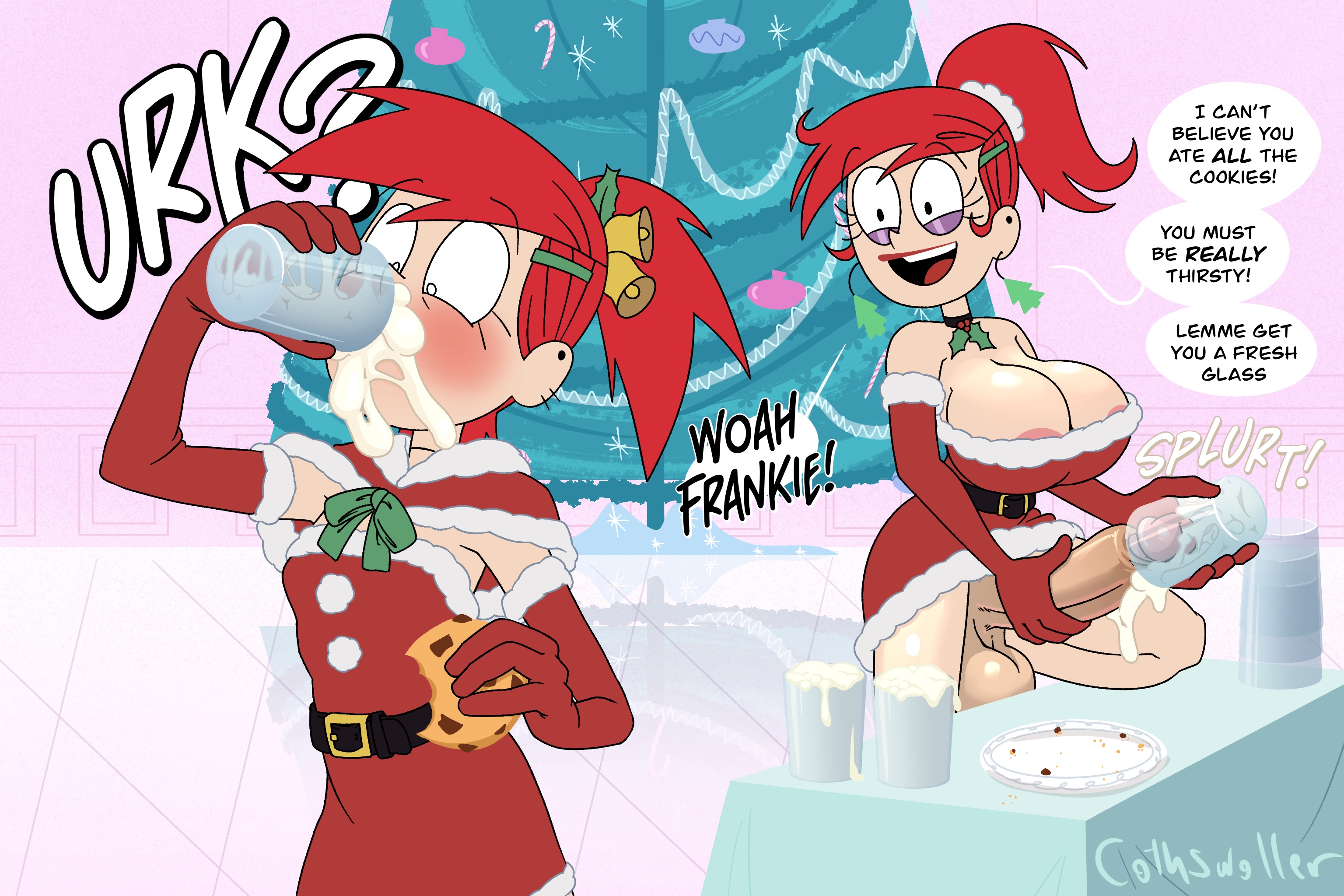 1futa, 2025, 2girls, black eyes, cothswoller, cum in container, drinking, drinking cum, flat chest, foster's home for imaginary friends, frankie foster, futanari, glass, gokkun, imaginary frankie, large breasts, large penis, masturbation, penis, ponytail, red hair, santa costume, selfcest, squint, surprised, unaware