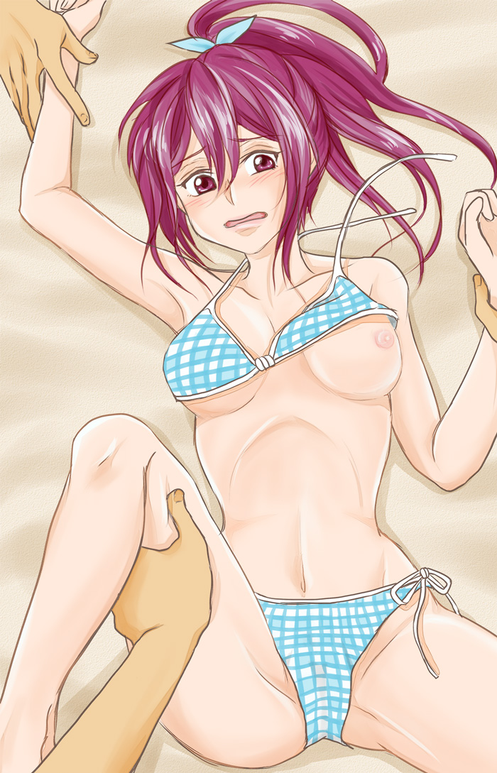 bikini blush breast female free! imminent_rape long_hair matsuoka_gou nipples one_breast_out red_eyes red_hair spread_legs