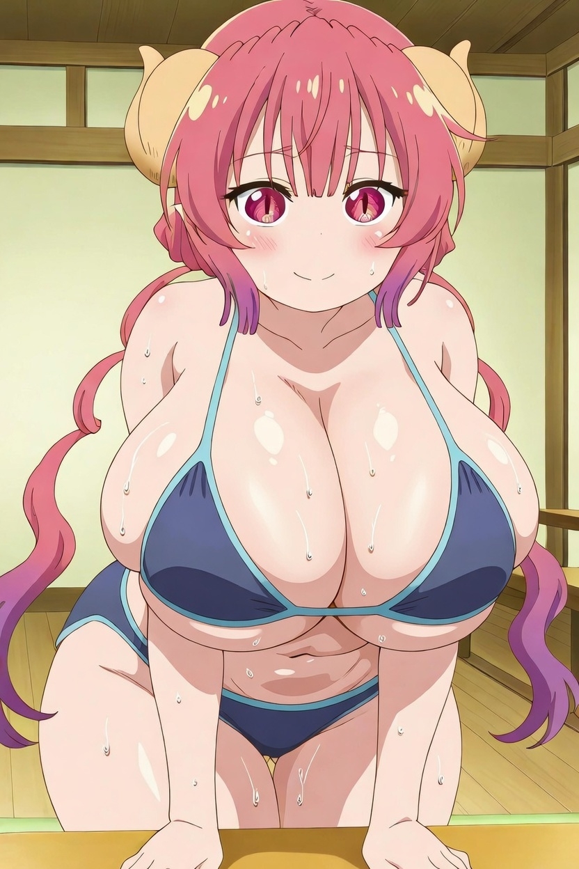 1female, 1girls, ai generated, apron, artist name, bangs, big ass, big breasts, bikini, black apron, blue shirt, blush, breasts, closed mouth, collarbone, curvy, dragon girl, dragon horns, female, female only, gradient hair, grok, grok (x), hi res, high quality, high resolution, highres, horns, huge ass, huge breasts, ilulu (dragon maid), ilulu (maidragon), ilulu (miss kobayashi's dragon maid), indoors, kobayashi-san chi no maidragon, long hair, looking at viewer, multicolored hair, patreon, patreon username, pink hair, purple hair, red eyes, red hair, shirt, short sleeves, slit pupils, smile, solo, sweat, twintails, unjobdespiert, watermark