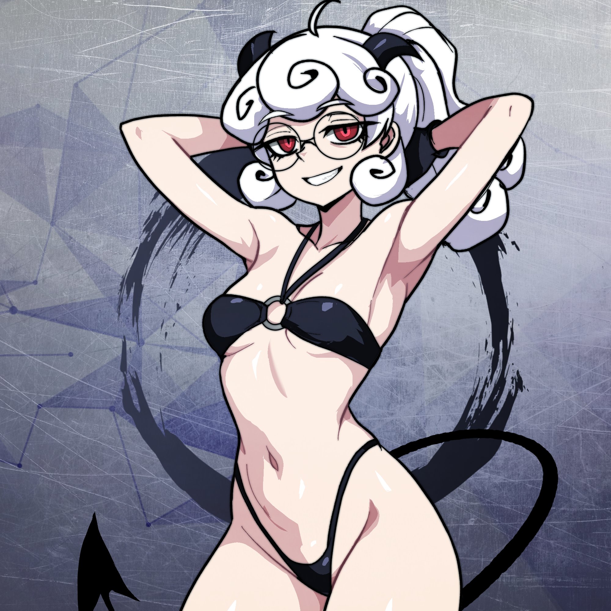 ahoge, armpits, arms behind head, arms up, bikini, black gloves, black-framed eyewear, breasts, collarbone, demon girl, demon horns, demon tail, female, female only, fujita yoshinobu (ksk oda), glasses, gloves, helltaker, highres, horns, looking at viewer, medium hair, o-ring, o-ring bikini, open mouth, pandemonica (helltaker), ponytail, round eyewear, short ponytail, small breasts, smile, solo, swimsuit, tail, teeth, white hair