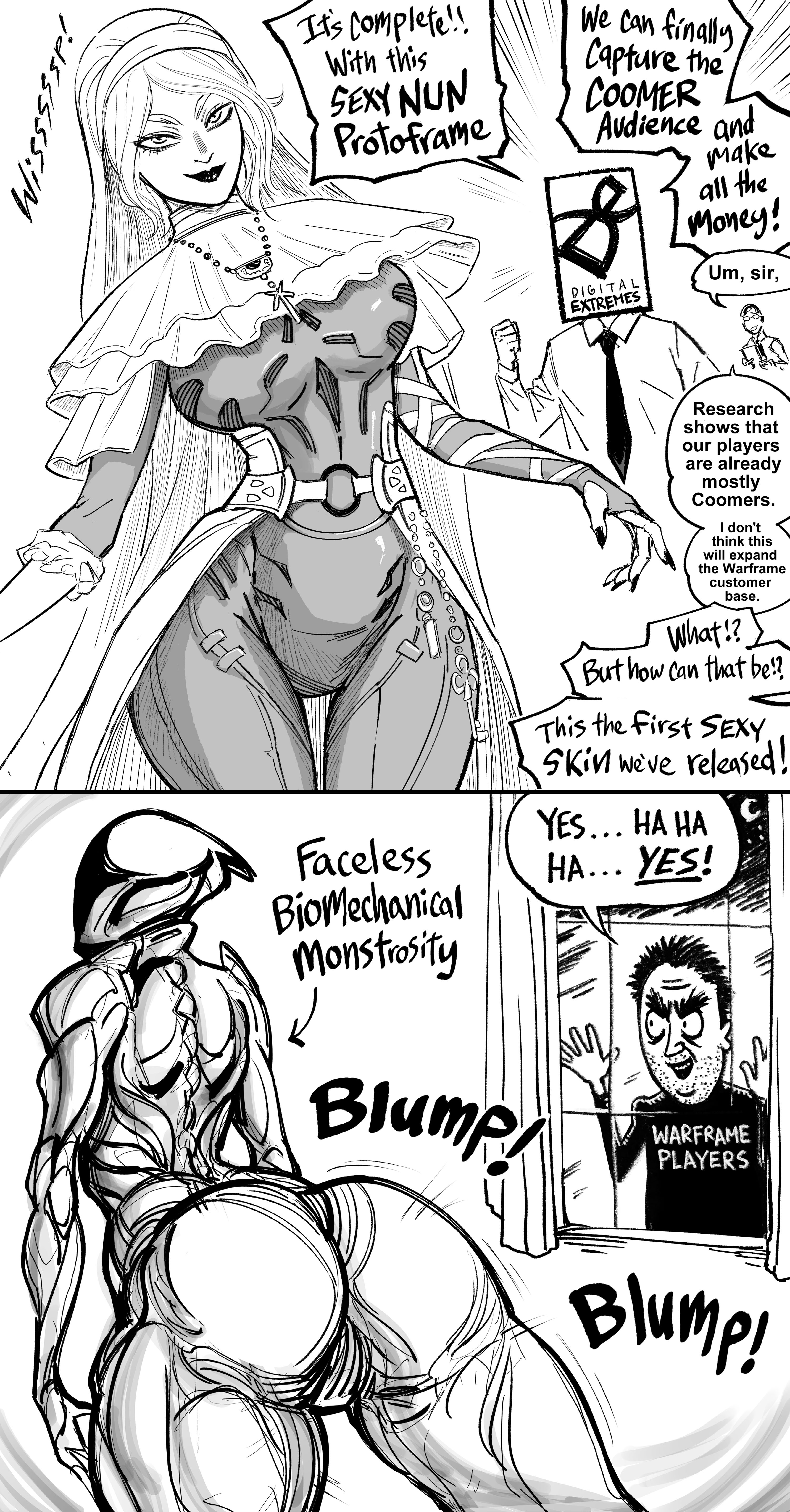 1girls, absurd res, ass, bb (baalbuddy), big breasts, bodysuit, dialogue, english text, female, funny, greyscale, long hair, looking at viewer, marie leroux, nun, protoframe, sickos meme, smiling, smiling at viewer, speech bubble, thick ass, two panel image, warframe, white background, wisp (warframe)