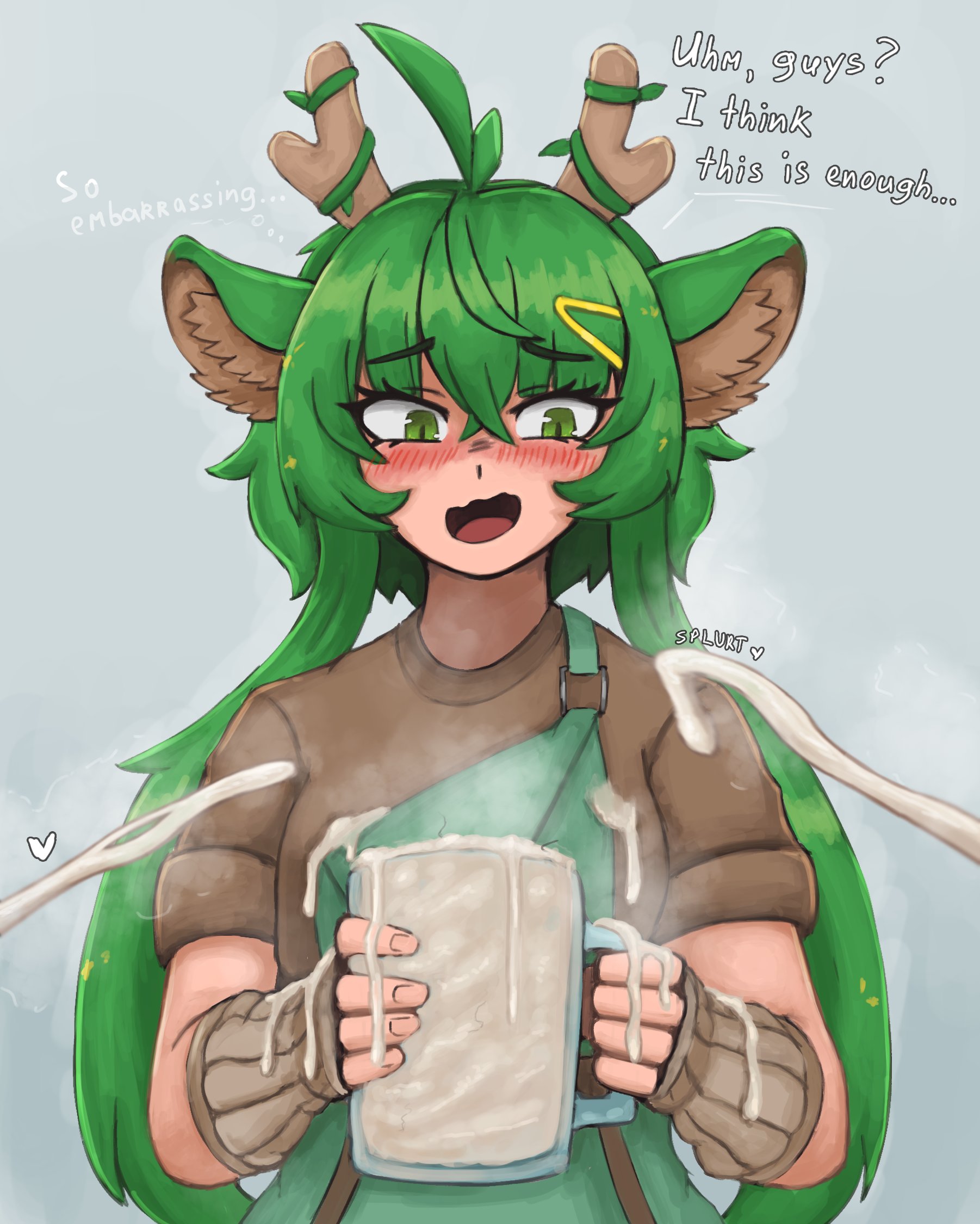 1girls, animal ears, blushing, cum, embarrassed, female, frostwallart, glass mug, green eyes, green hair, haruka karibu, imminent gokkun, light skin, light-skinned female, shooting cum, steamy cum, virtual youtuber