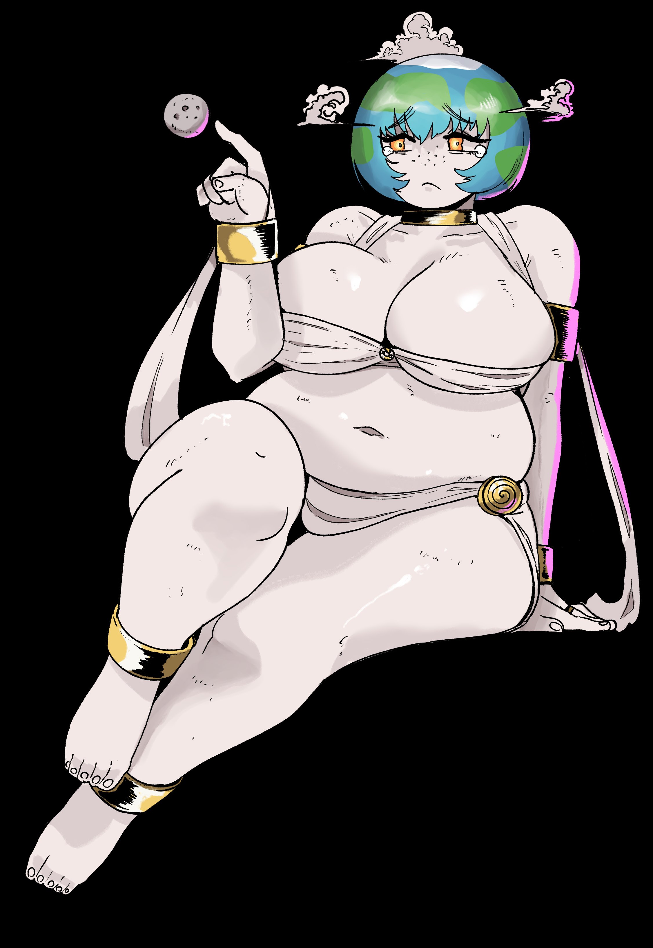:(, anklet, bbw, black background, bob cut, bowl cut, chubby, chubby female, curvy, earth, fat, freckles, gaia (greek mythology), gaia (mythology), goddess, greek mythology, huge breasts, plump, roman mythology, simple background, sitting, thick thighs, toes, voluptuous, wanderjegson, white body, wide hips