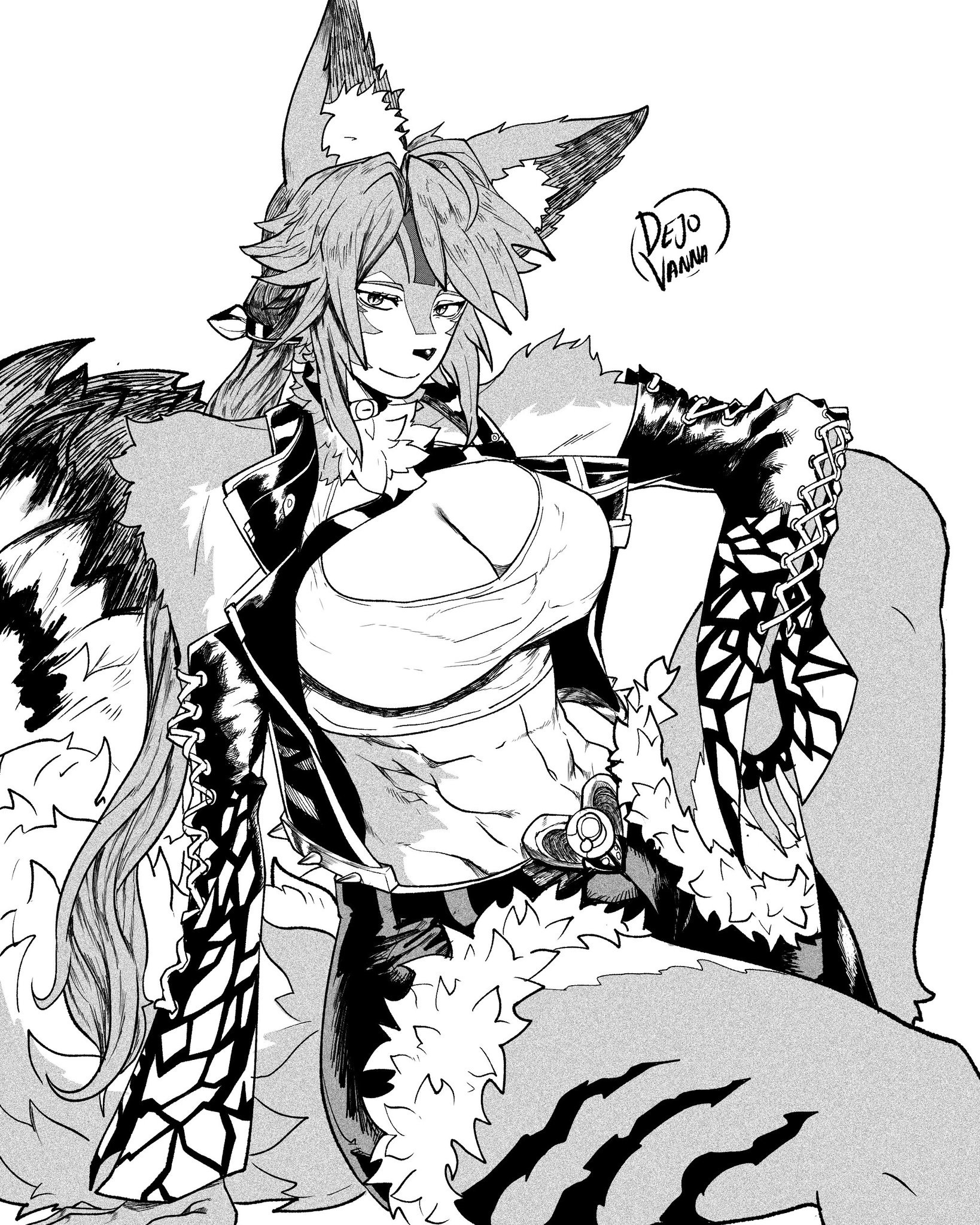 1girls, abs, anthro, artist name, artist signature, athletic, athletic anthro, athletic female, big breasts, black and white, breasts, cat girl, cat humanoid, catgirl, clothing, dejovanna, felid, feline, feline humanoid, female, fit, fit female, fur, furry, hi res, hoyoverse, mammal, manga style, mihoyo, monochrome, posing, pulchra (zenless zone zero), pulchra fellini, smile, smiling at viewer, solo, toned, toned anthro, toned female, topwear, watermark, zenless zone zero