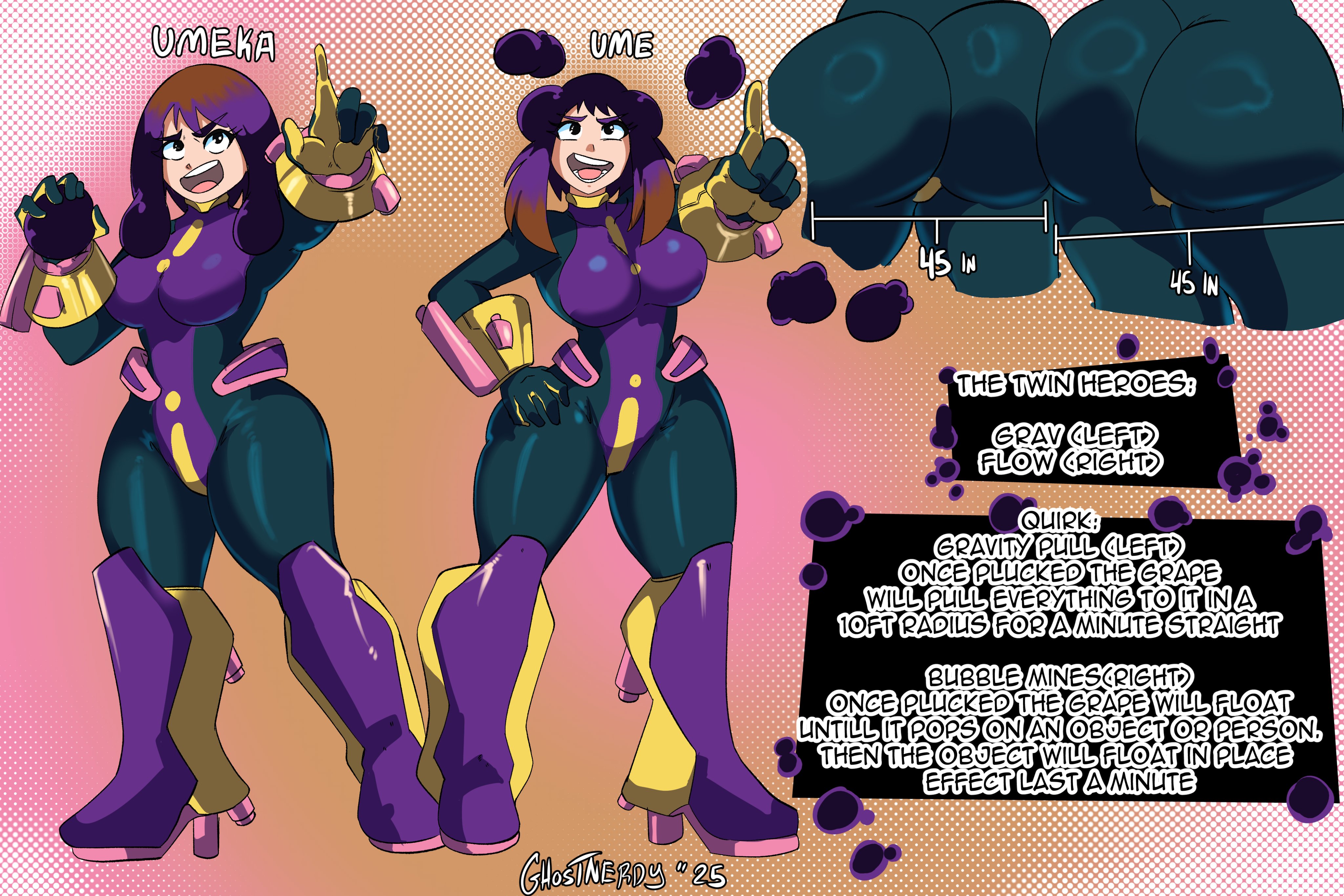 2girls, ass, ass focus, black eyes, brown hair, english text, fat ass, ghostnerdy, hero outfit (mha), heroine, large breasts, minoru mineta, my hero academia, ochako uraraka, original, original character, purple hair, skin tight, thick thighs, thighs, twins