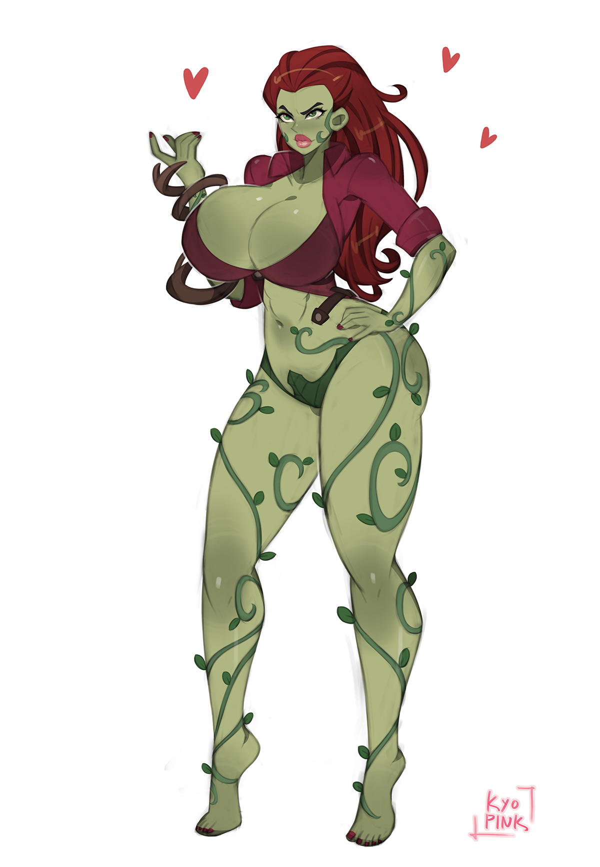 1girls, barefoot, batman (series), batman: arkham city, big breasts, breasts, busty, busty female, cleavage, curvy, curvy body, curvy female, curvy figure, dc, dc comics, full body, green eyes, green skin, heart, huge breasts, kyopink, large breasts, long hair, open shirt, poison ivy, poison ivy (arkham), red hair, rolled up sleeves, thick thighs, thighs