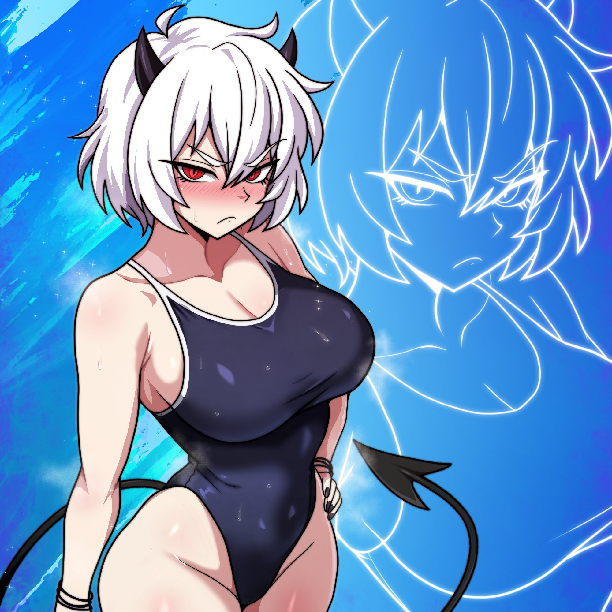 black horns, blue background, blush, breasts, demon girl, demon horns, demon tail, female, female only, frown, fujita yoshinobu (ksk oda), hair between eyes, helltaker, highleg, highleg one-piece swimsuit, highres, horns, large breasts, looking at viewer, malina (helltaker), one-piece swimsuit, red eyes, short hair, solo, swimsuit, tail, wet, white hair