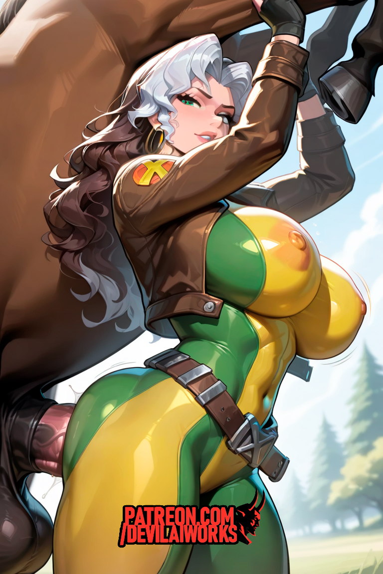 ai generated, bestiality impregnation, big ass, big breasts, bodysuit, devilaiworks, female, horse, horsecock, marvel, marvel rivals, rogue (marvel rivals), rogue (x-men), superheroine, x-men, zoophilia