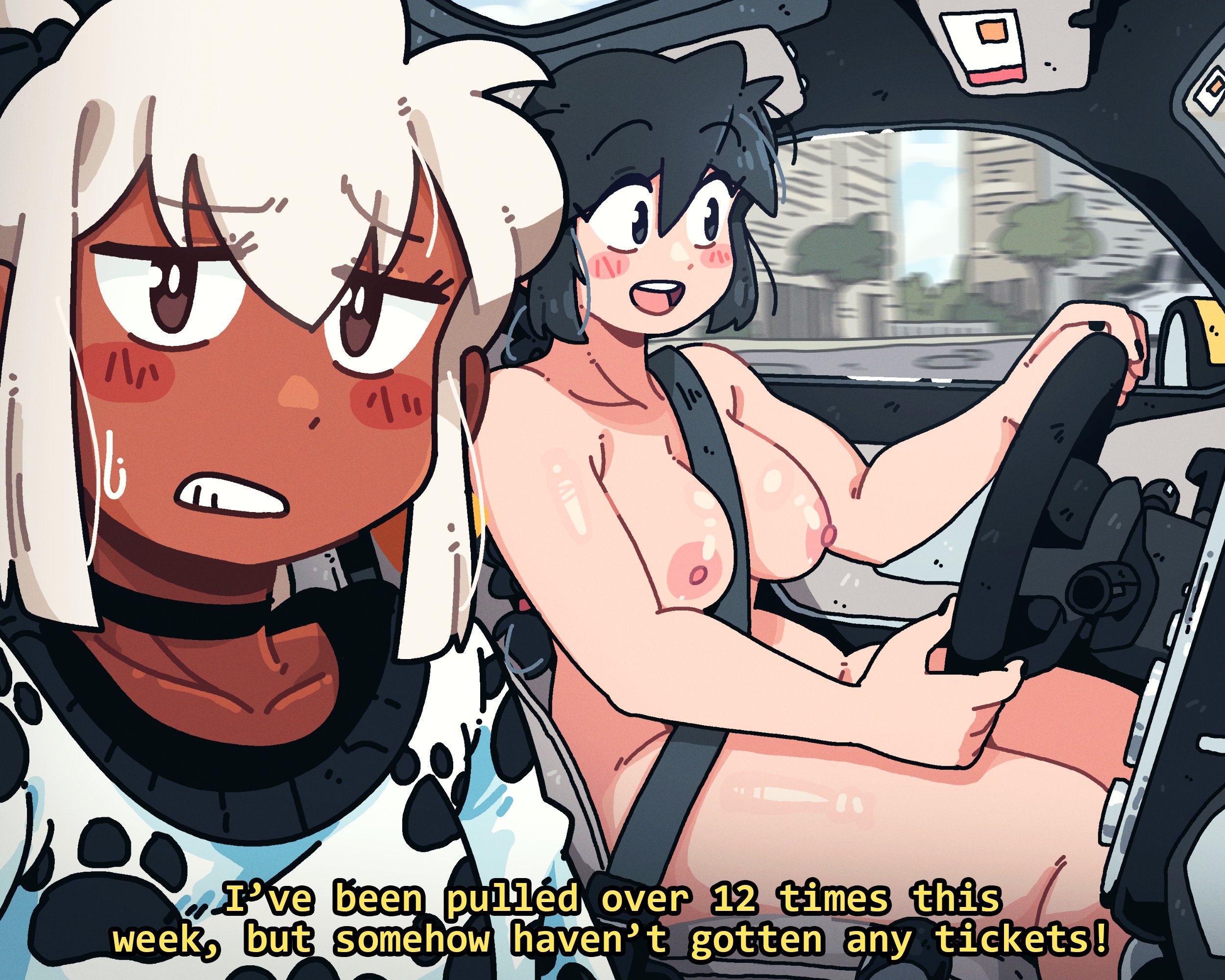 2girls, completely nude, completely nude female, driving, driving nude, lucia (scott malin), mia (scott malin), nipples, original, original character, scott malin, tagme