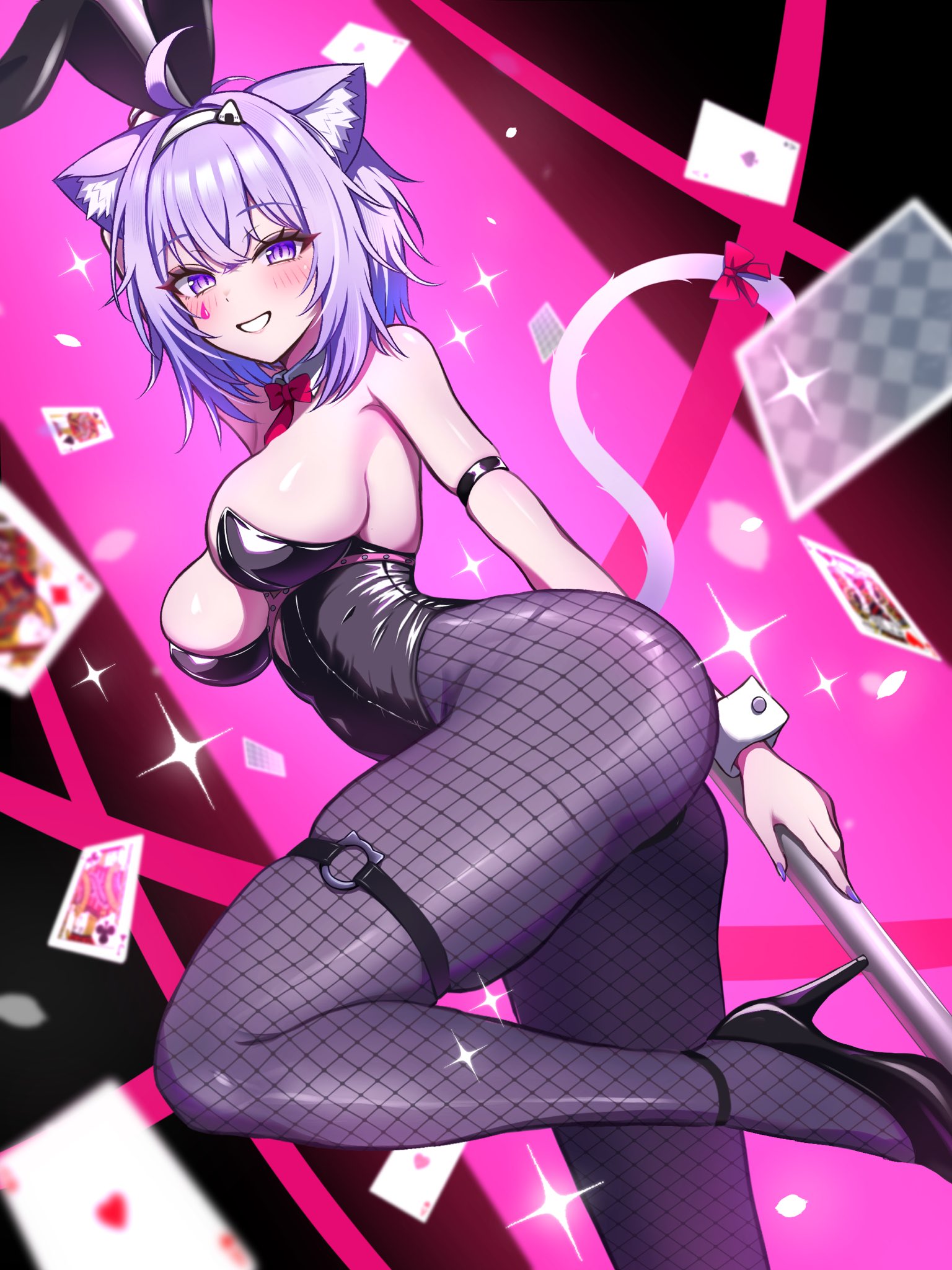 1girls, ace (playing card), ace of hearts, ace of spades, animal ear fluff, animal ears, animal tail, bare shoulders, big breasts, black leotard, blush, blushing, breasts, bunny ears, bunnysuit, card, cat ears, cat girl, cat tail, catgirl, cowboy shot, curvy, curvy figure, fake animal ears, female, female only, fishnet pantyhose, fishnets, heart, hi res, hololive, hololive gamers, hololive japan, kemonomimi, kogekoge1207, large thighs, leg up, light skin, light-skinned female, looking at viewer, nail polish, nekomata okayu, nekomimi, pink background, playboy bunny, purple eyes, purple eyes female, purple hair, purple nails, queen of diamonds, rabbit hole (vocaloid), smile, smiling at viewer, sole female, tail, thick thighs, thighs, virtual youtuber, vtuber