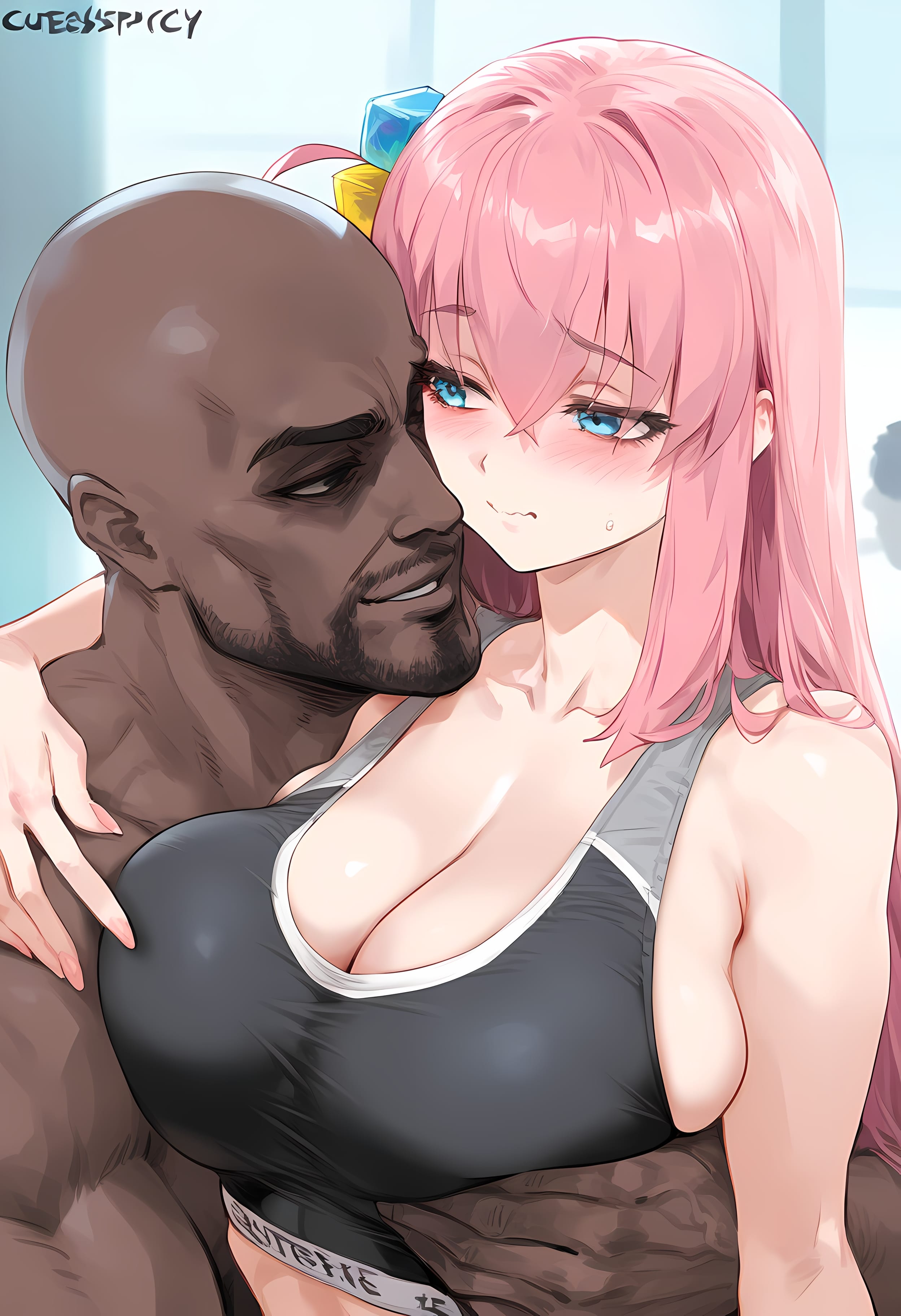 1boy, 1girls, ai generated, arm around neck, beard stubble, blush, bocchi the rock!, breast grab, breasts, breasts bigger than head, cleavage, dark-skinned male, dubious consent, embarrassed, female, gotou hitori, grin, groping, gym, hug from behind, imminent sex, large breasts, looking at another, male, muscular, muscular male, nakatori, nervous, older male, older male and younger female, sports bra, wavy mouth