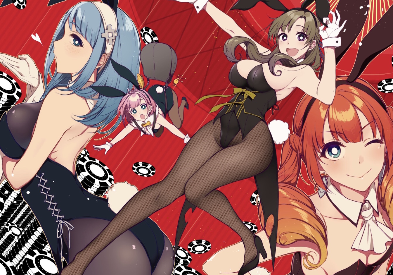 10s, 2018, 4girls, adult, adult and teenager, adult female, age difference, animal ears, ass, back, black footwear, blue eyes, blue hair, blush, breasts, brown hair, desu, earrings, fake animal ears, female, fishnet pantyhose, fishnets, gradient hair, high heels, high school student, jewelry, large breasts, leotard, light skin, light-skinned female, long hair, mature, mature female, medhi, milf, multicolored hair, multiple females, multiple girls, novel illustration, official art, older female and younger female, one eye closed, oosuki mamako, orange hair, pantyhose, pink hair, playboy bunny, pochi (pochi-goya), poker chip, porta, purple eyes, rabbit ears, rabbit tail, red background, red hair, shoes, sideboob, smile, tail, teenage female, teenager, tsuujou kougeki ga zentai kougeki de ni-kai kougeki no okaasan wa suki desu ka?, twintails, wink, wise (okaasan online), wrist cuffs, young, young female