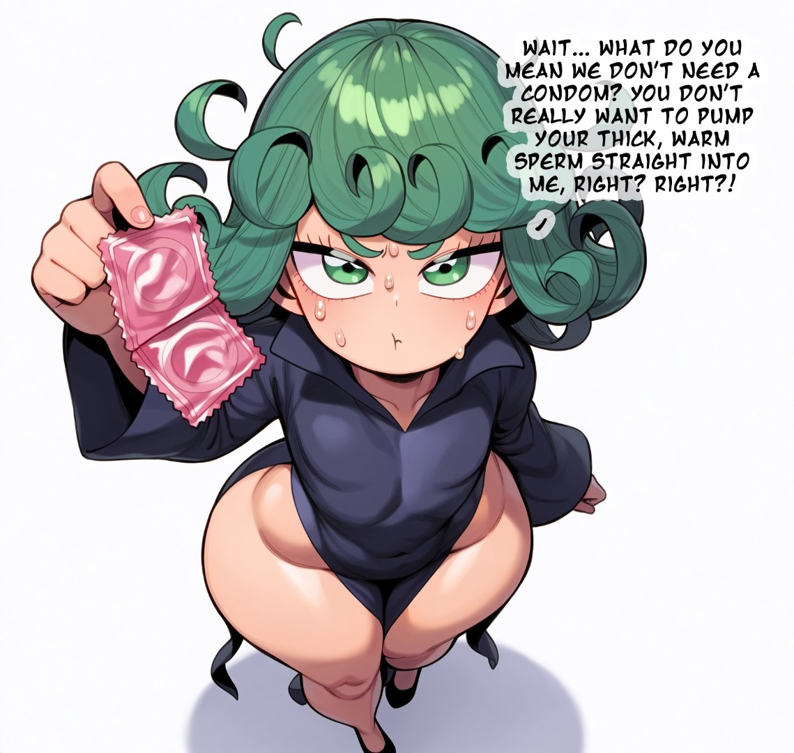 1girls, ai generated, cute, female, green eyes, green hair, hips, nervous sweat, one-punch man, pervert, pov eye contact, short hair, shortstack, smesh (artist), tatsumaki, thick thighs, thighs, tight clothing, wide hips