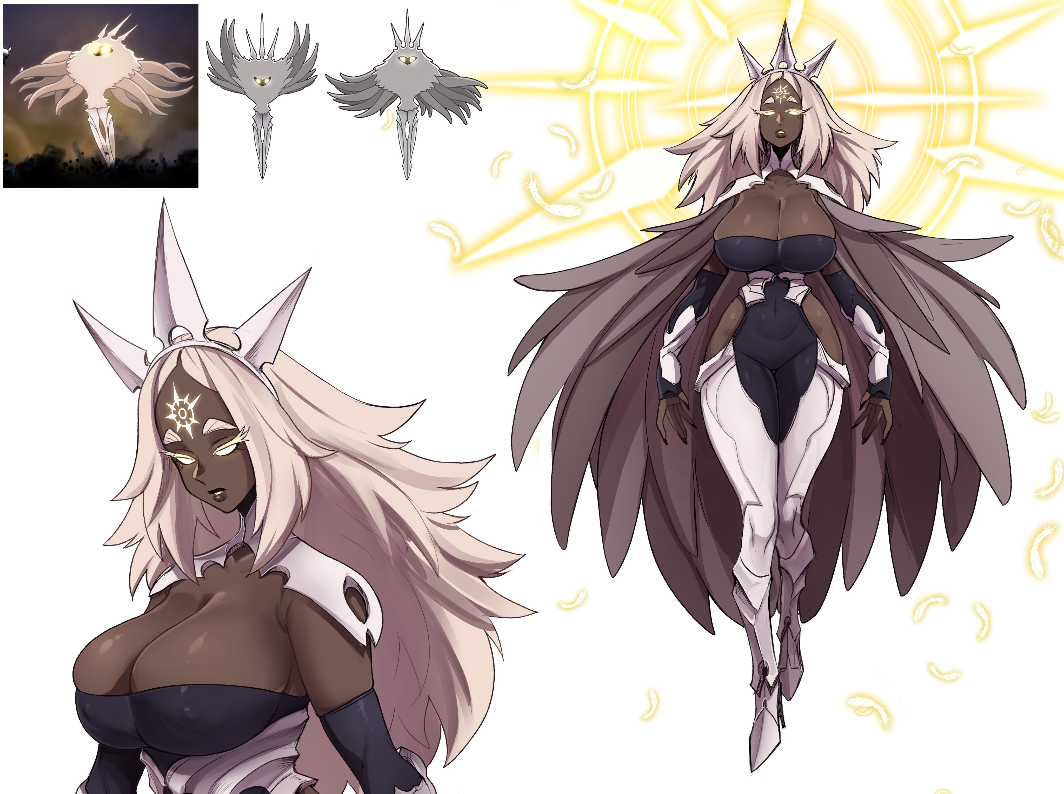 1girls, big breasts, black skin, breasts, cleavage, clothed, clothed female, clothing, dark-skinned female, female, female only, goddess, hips, hollow knight, huge breasts, humanized, insouwu, large breasts, long hair, radiance (hollow knight), solo, solo female, tall female, thick thighs, thighs, white background, white hair