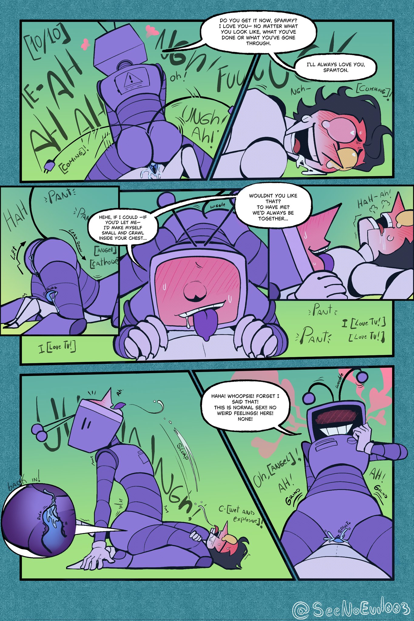 2boys, blush, couple, cum in pussy, cuntboy, deltarune, gay, gay sex, heart-shaped pupils, in love, intersex, male, passionate, passionate sex, penis, pussy, riding, riding penis, size difference, small dom big sub, spamton g spamton, tenna (deltarune), yaoi