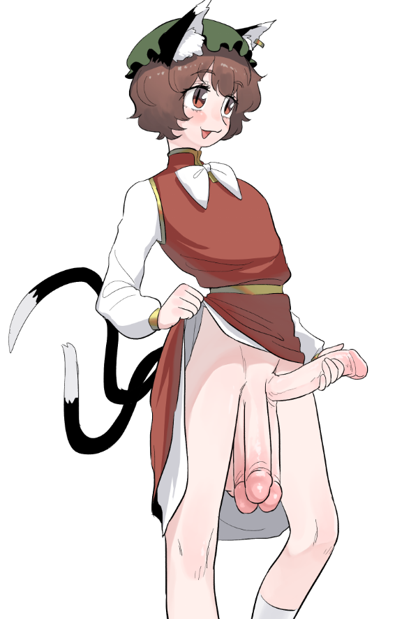 2d, balls, ballsack, big balls, big penis, black tail, bottomless, cat boy, cat ears, chen, clothes lift, colored, femboy, flaccid, flaccid penis, focus on penis, frogsnake, genital focus, grabbing penis, hat, hung femboy, hung trap, kemonomimi, lifting dress, lifting skirt, light skin, long penis, male, multi balls, multi genitalia, multi penis, multi tail, no pants, no underwear, open mouth, penis, penis focus, penis grab, smiling, solo, tetraphallia, toho, topwear, touhou