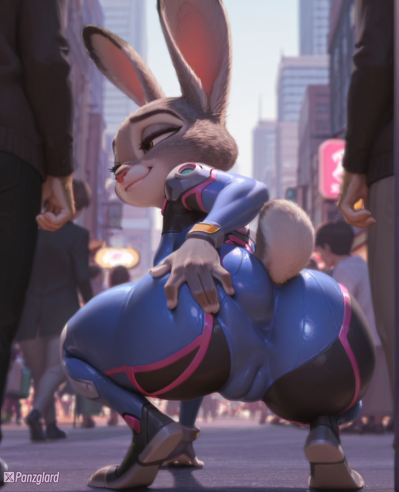 ai generated, anthro, anthro female, ass, cameltoe, d.va (cosplay), female, fur, furry, furry female, furry rabbit, high resolution, highres, hires, judy hopps, overwatch, overwatch 2, panzglard, size difference, spread butt, zootopia, zootopia 2