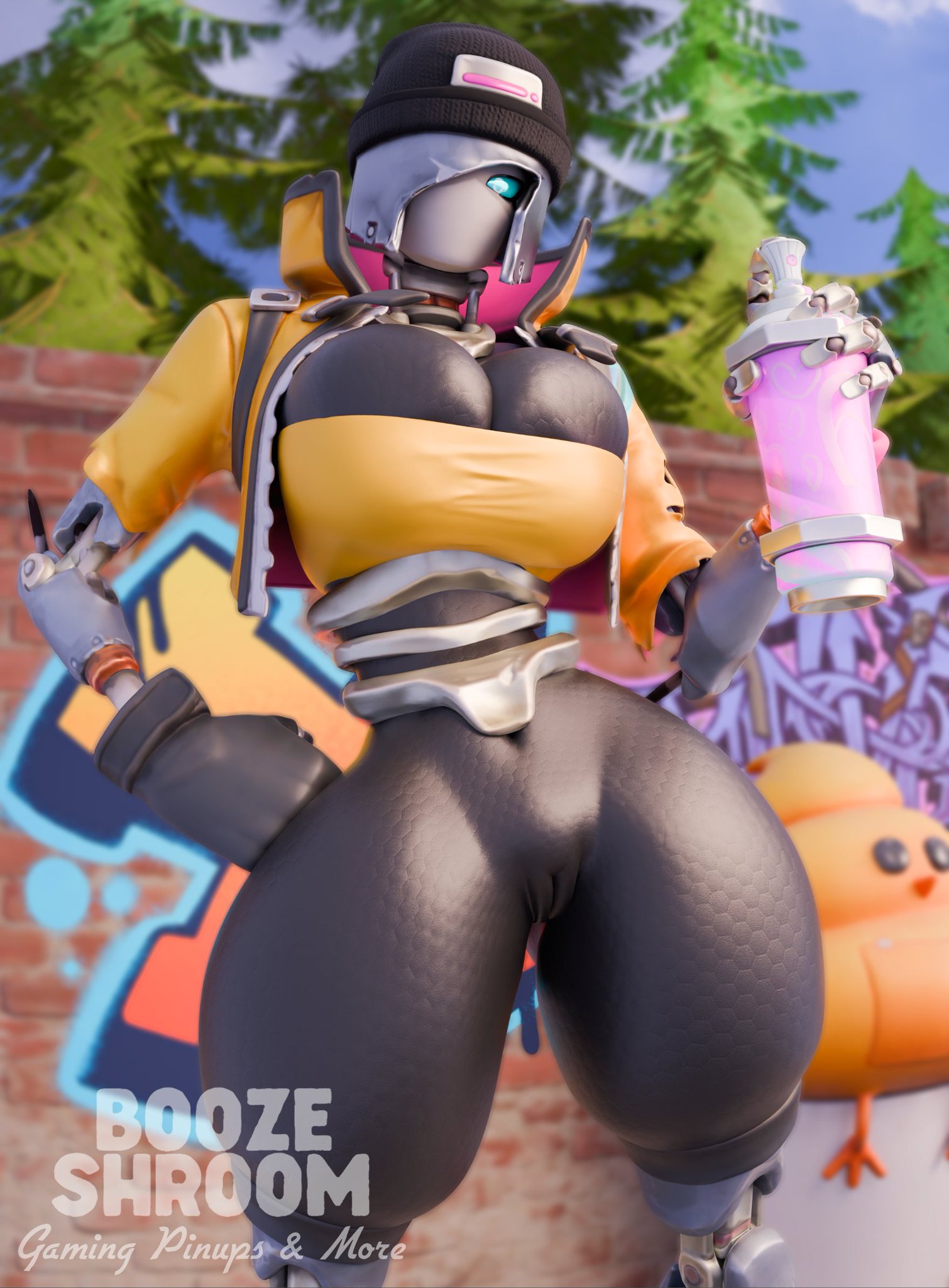 3d, 3d (artwork), alternate version available, beanie, beanie hat, big breasts, boozeshroom, bottomless, bottomless female, breasts, clothed, clothed female, clothed robot, clothing, female, fortnite, hair over one eye, hand on hip, holding spray can, huge breasts, looking down, looking down at viewer, partially clothed, partially clothed female, pussy, rebel (fortnite), robot, robot girl, robot humanoid, shiny, shiny skin, thick thighs, watermark