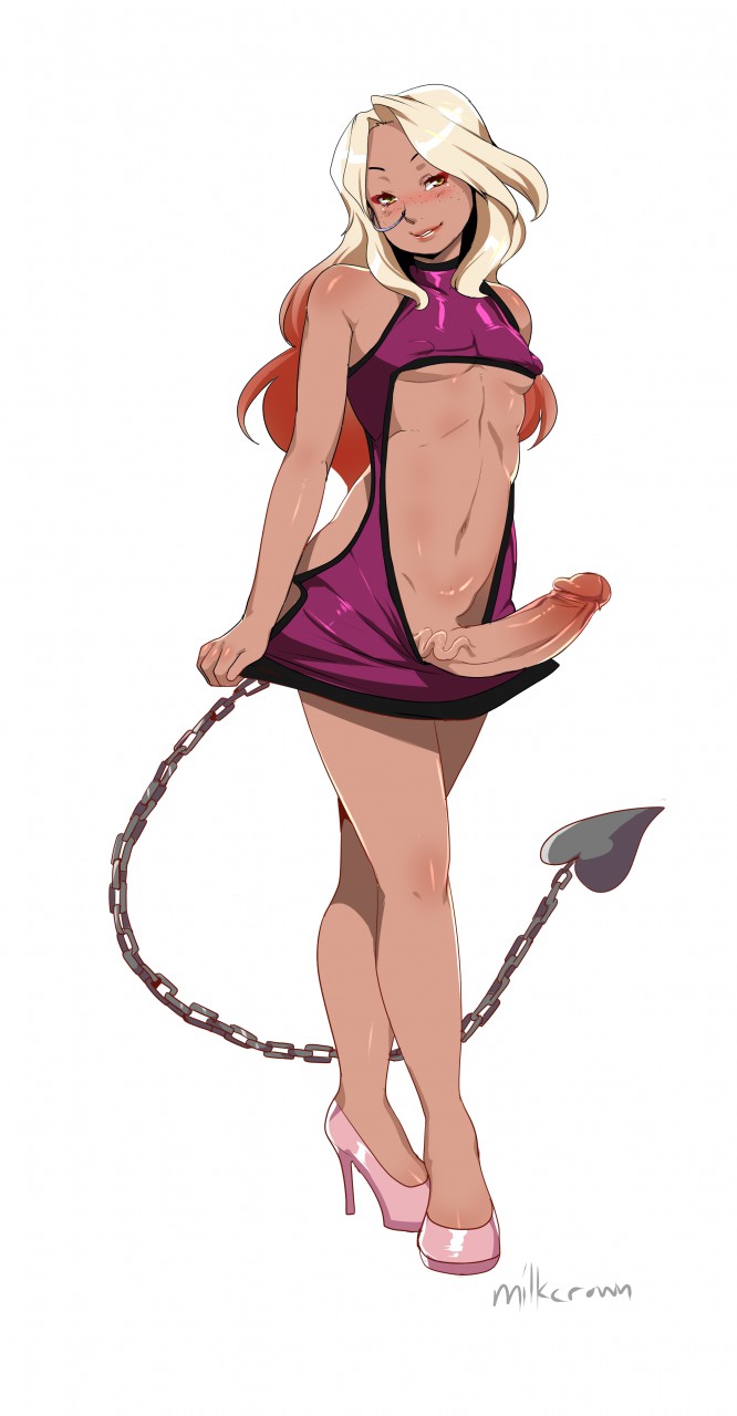 1boy, androgynous, blonde hair, blush, chains, clothes, crossdressing, dark skin, dark-skinned femboy, dark-skinned male, demon, demon boy, demon tail, dress, erection, eyeliner, eyeshadow, femboy, full length, full-length portrait, girly, hair, high heels, large penis, long hair, makeup, male, male only, milkcrown, penis, portrait, smile, solo, standing, trap, veiny, veiny penis, yellow eyes