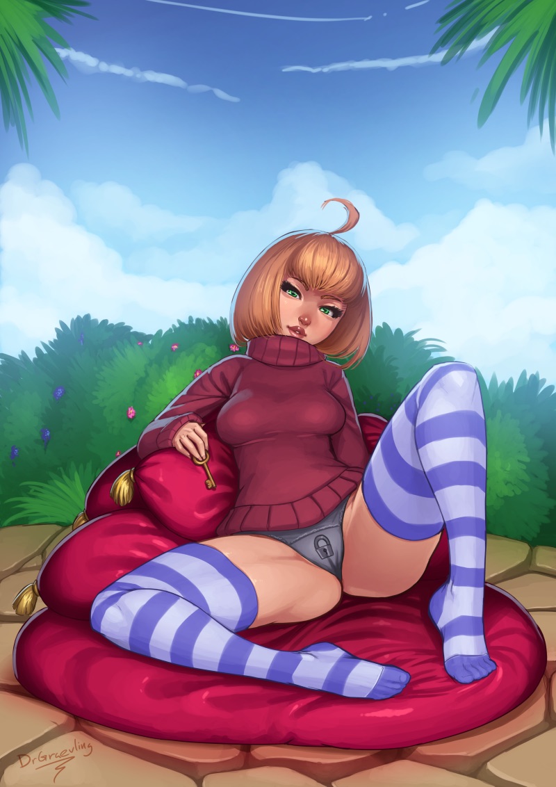 ahoge, brown hair, dr graevling, eyeliner, female, green eyes, lipstick, looking at viewer, makeup, nose, original, panties, pillow, reclining, short hair, solo, spread legs, striped, striped legwear, sweater, sweater girl, thighhighs, turtleneck, underwear