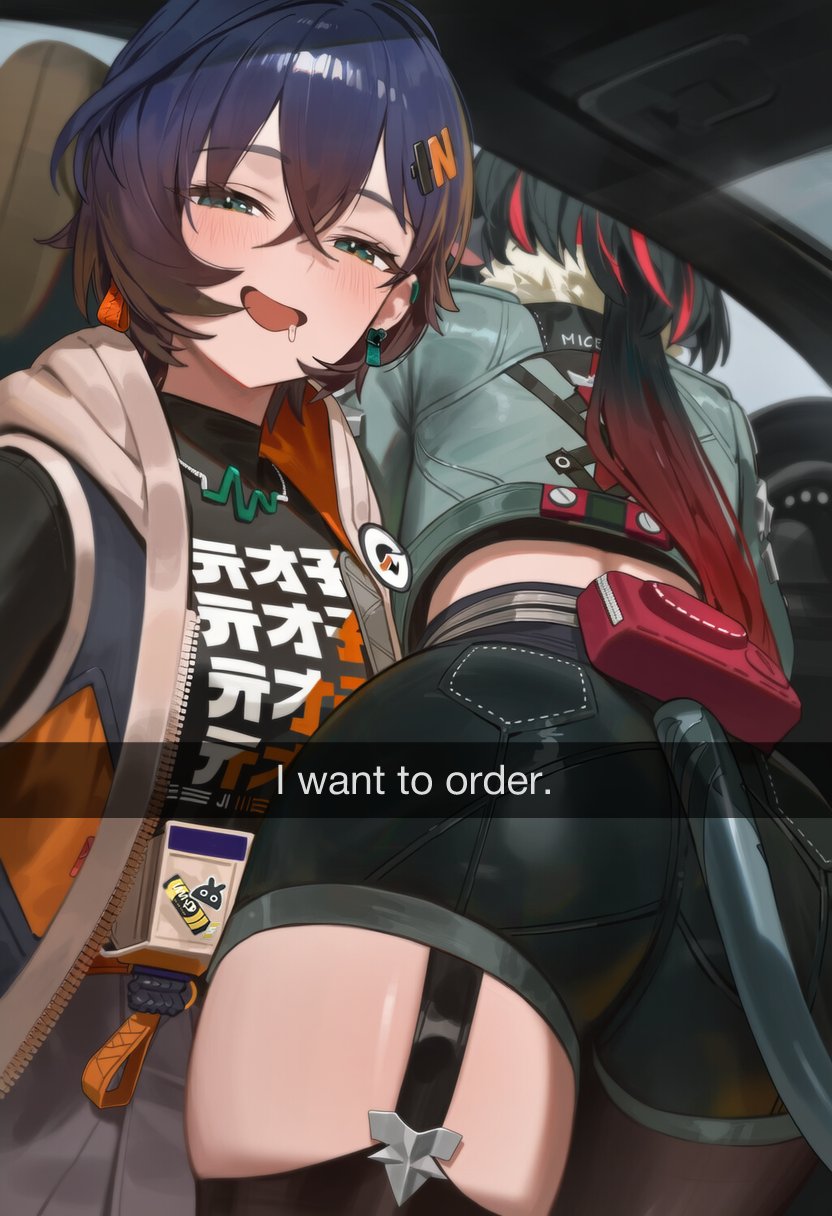 2d, 2girls, ai generated, animal ears, ass, bangs, belle (zenless zone zero), big ass, black hair, black shirt, black shorts, blue hair, blush, car interior, clothed, clothes writing, clothing, crossed bangs, drooling, earrings, english text, female, garter straps, green eyes, ground vehicle, hair between eyes, hair ornament, hairclip, he wants to order (meme), hi res, hood, hoyoverse, jacket, jane doe (zenless zone zero), jewelry, large ass, light skin, light-skinned female, long hair, looking at viewer, meme, mixed-language commentary, motor vehicle, mouse ears, mouse girl, mouse tail, mouth drool, multicolored hair, multiple girls, open clothes, open jacket, open mouth, pantyhose, picture, rat tail, red hair, saliva drip, selfie, she wants to order, shirt, short hair, shorts, shuraillusts, smile, streaked hair, tail, text, thick thighs, thighhighs, thighs, zenless zone zero