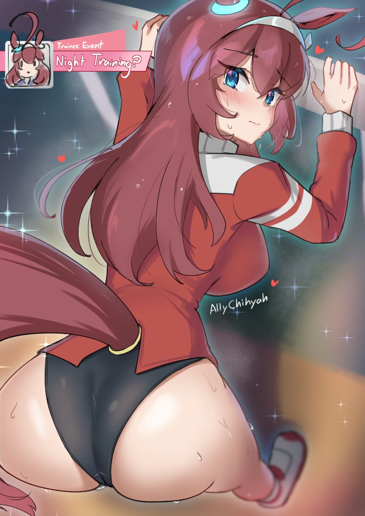 ass, ass out, bending over, bent over, blue eyes, blush, chihyah, female, horse girl, looking back, looking over shoulder, mihono bourbon (umamusume), red hair, short shorts, track jacket, track uniform, umamusume, umamusume pretty derby