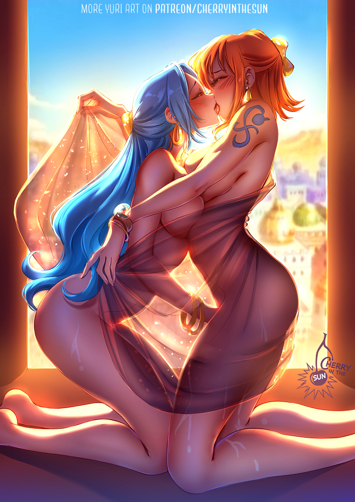 2girls, arm tattoo, asymmetrical docking, blue hair, blue tattoo, blue-haired female, blush, bracelet, breast press, breasts, cherry in the sun, cherryinthesun, completely nude, female, female only, female/female, fingering, fingering partner, french kiss, jewelry, kissing, lesbian, lesbian kiss, log pose, long hair, multiple females, multiple girls, nami (one piece), nefertari vivi, nude, one piece, orange hair, orange-haired female, short hair, shoulder tattoo, tattoo, yuri