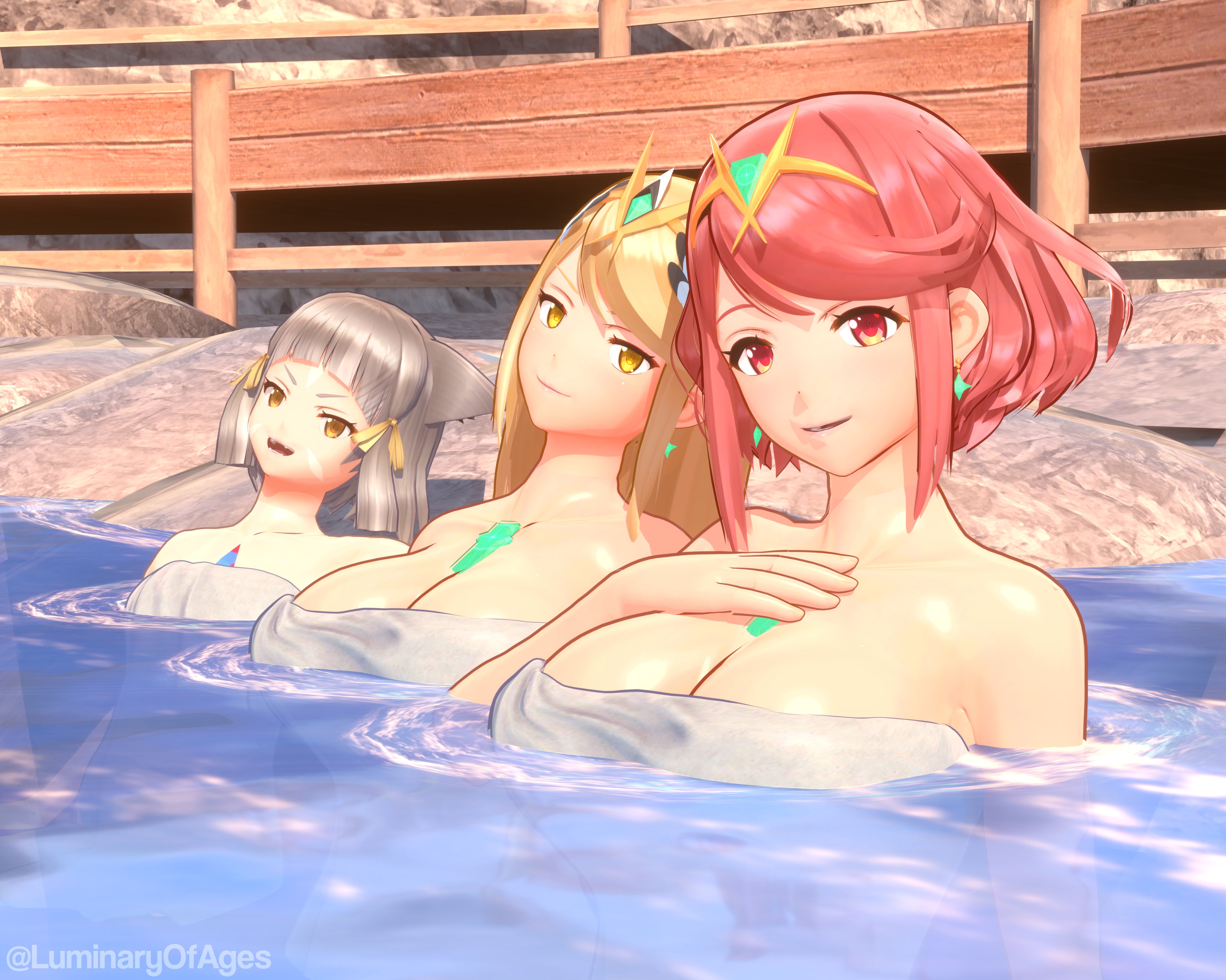 3d, 3girls, absurd res, absurd resolution, absurdres, accessory, alternate version available, bangs, bare shoulders, bathing, bathing together, big breasts, blender, blender (software), blonde hair, breast focus, breasts, breasts focus, busty, cat ears, cat girl, catgirl, chest jewel, cleavage, curvaceous, curvy, curvy female, curvy figure, earrings, face markings, feline, female, female focus, female only, flat chest, flat chested, gray hair, grey hair, hi res, high resolution, highres, hot spring, huge breasts, jewel, jewelry, large breasts, light skin, light-skinned female, long hair, luminaryofages, medium hair, monolith soft, mythra, nia, nintendo, pool, pyra, red eyes, red hair, sidelocks, silver hair, small breasts, swept bangs, tagme, tiara, towel, voluptuous, voluptuous female, water, xenoblade (series), xenoblade chronicles 2, yellow eyes