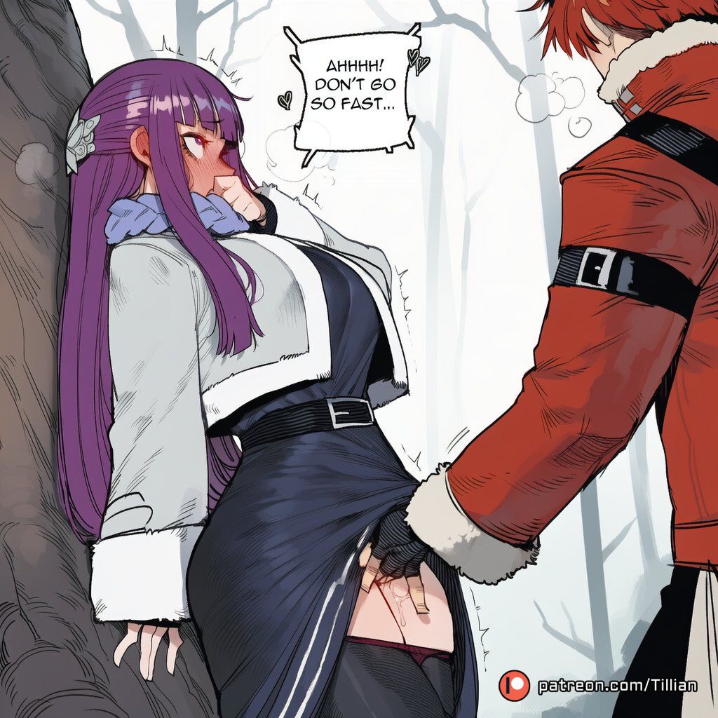 1boy, against tree, ai generated, belt, black dress, black gloves, blunt bangs, blush, breasts, breath, clothes lift, coat, covering own mouth, dress, dress lift, english text, female, fern (sousou no frieren), fingering, fingerless gloves, fur trim, fur-trimmed jacket, gloves, hair ornament, jacket, large breasts, long hair, long sleeves, male, nose blush, outdoors, pantyhose, patreon logo, patreon username, purple eyes, purple hair, pussy, pussy juice, red hair, red jacket, scarf, short hair, sidelocks, sousou no frieren, speech bubble, standing, stark (sousou no frieren), stealth sex, straight, straight hair, thighhighs, tillian, tree, trembling