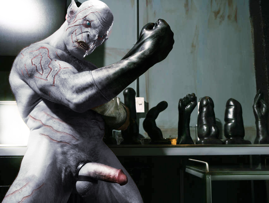 1boy 3d azog_the_defiler bara blue_eyes dildo gay gloves half-erect harness humanoid leather looking_at_viewer lord_of_the_rings male male_only muscles nude orc penis scar sex_toy solo testicles the_hobbit uncensored white_skin yaoi