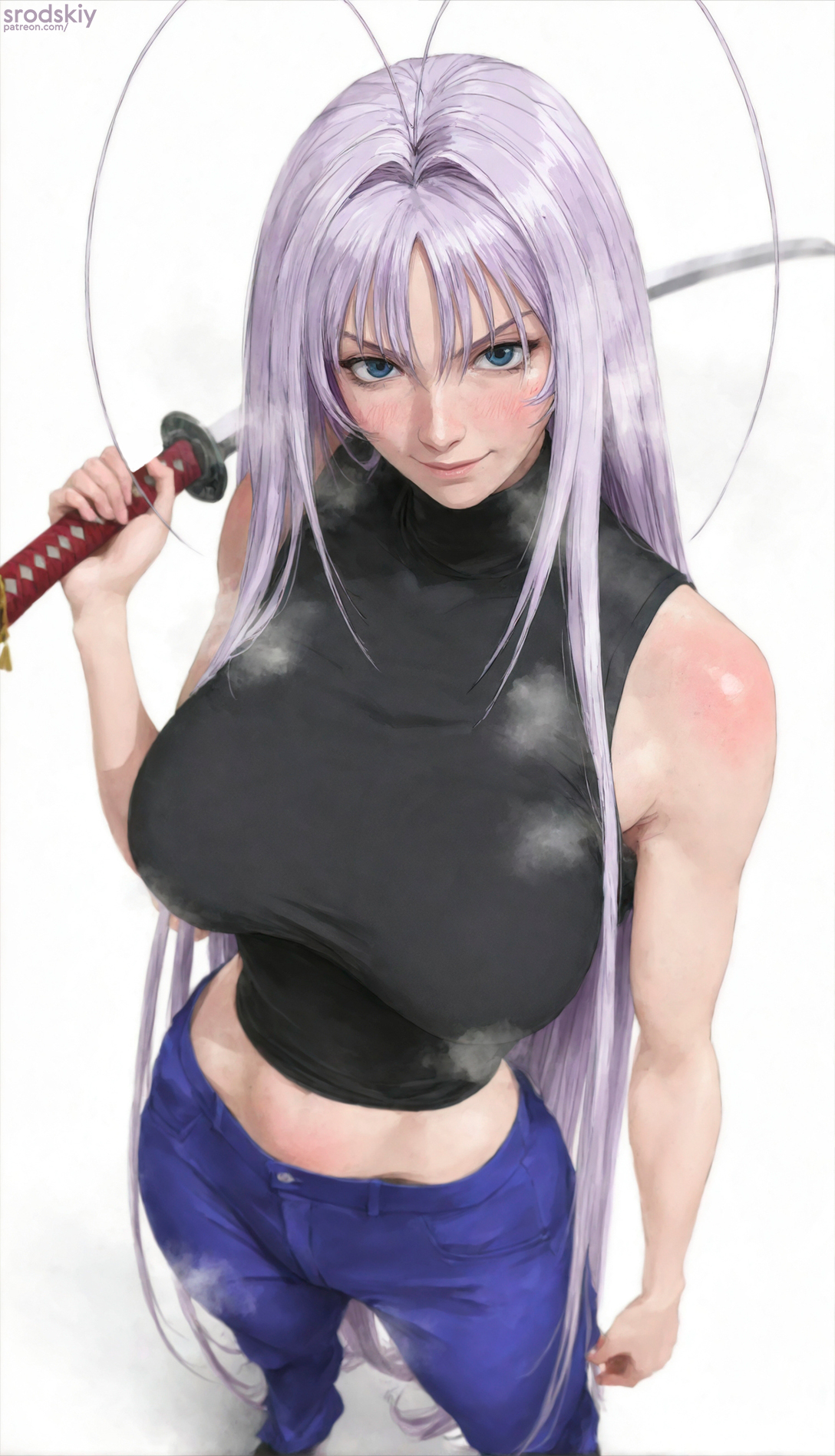 1girls, ai generated, big breasts, breasts, cute, female, female only, first person view, front view, halter top, hips, holding weapon, horny, horny expression, horny female, katana, large breasts, looking at viewer, mature, mature female, natsume maya, pants, pov, pov eye contact, sexy, soft breasts, solo, solo female, solo focus, srodskiy, tagme, tenjou tenge, thighs, thin waist, tiny waist, top view, vulgar