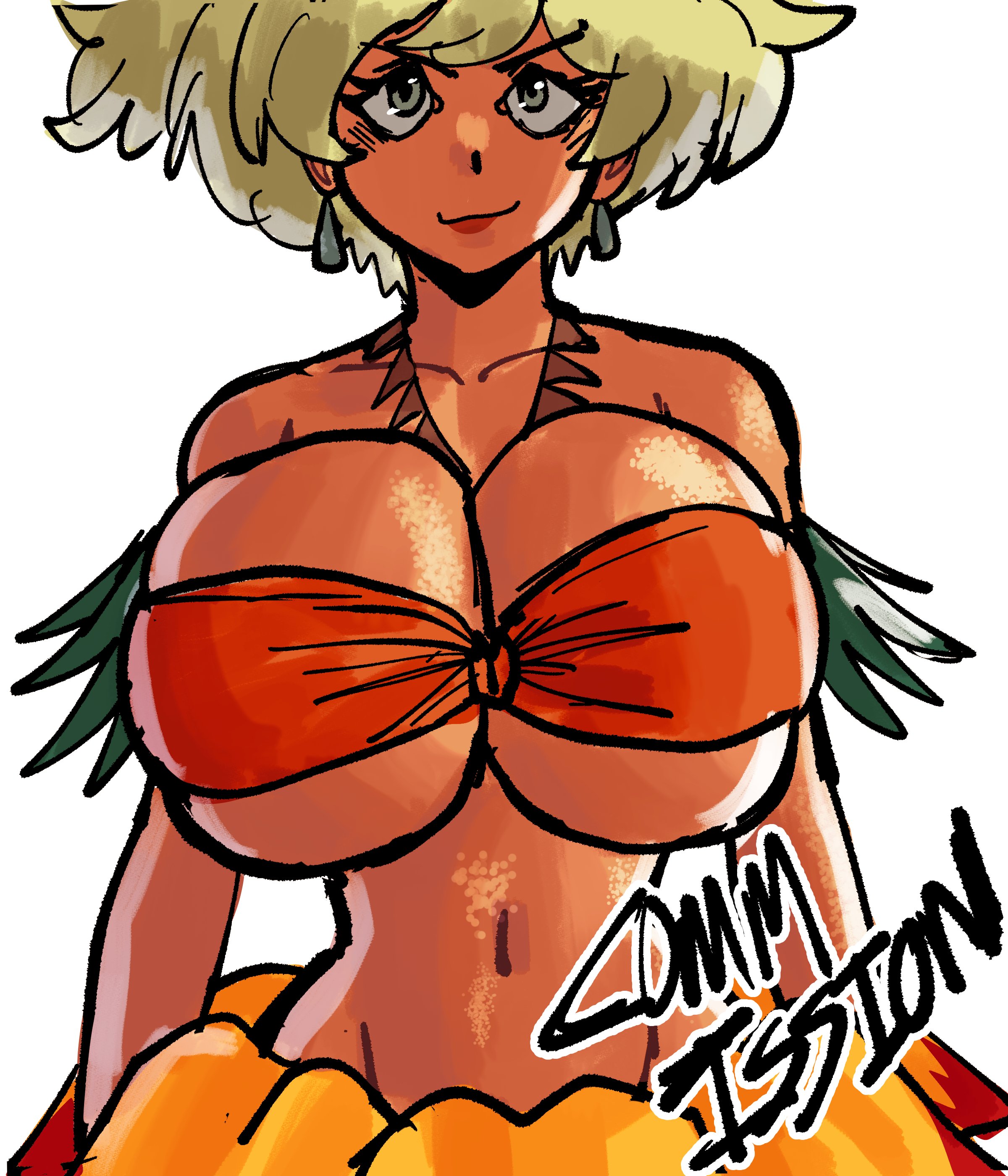 blonde hair, breasts, cleavage, dark-skinned female, earrings, female, huge breasts, jungle de ikou, mii (jungle de ikou), orange bikini, tentecreul