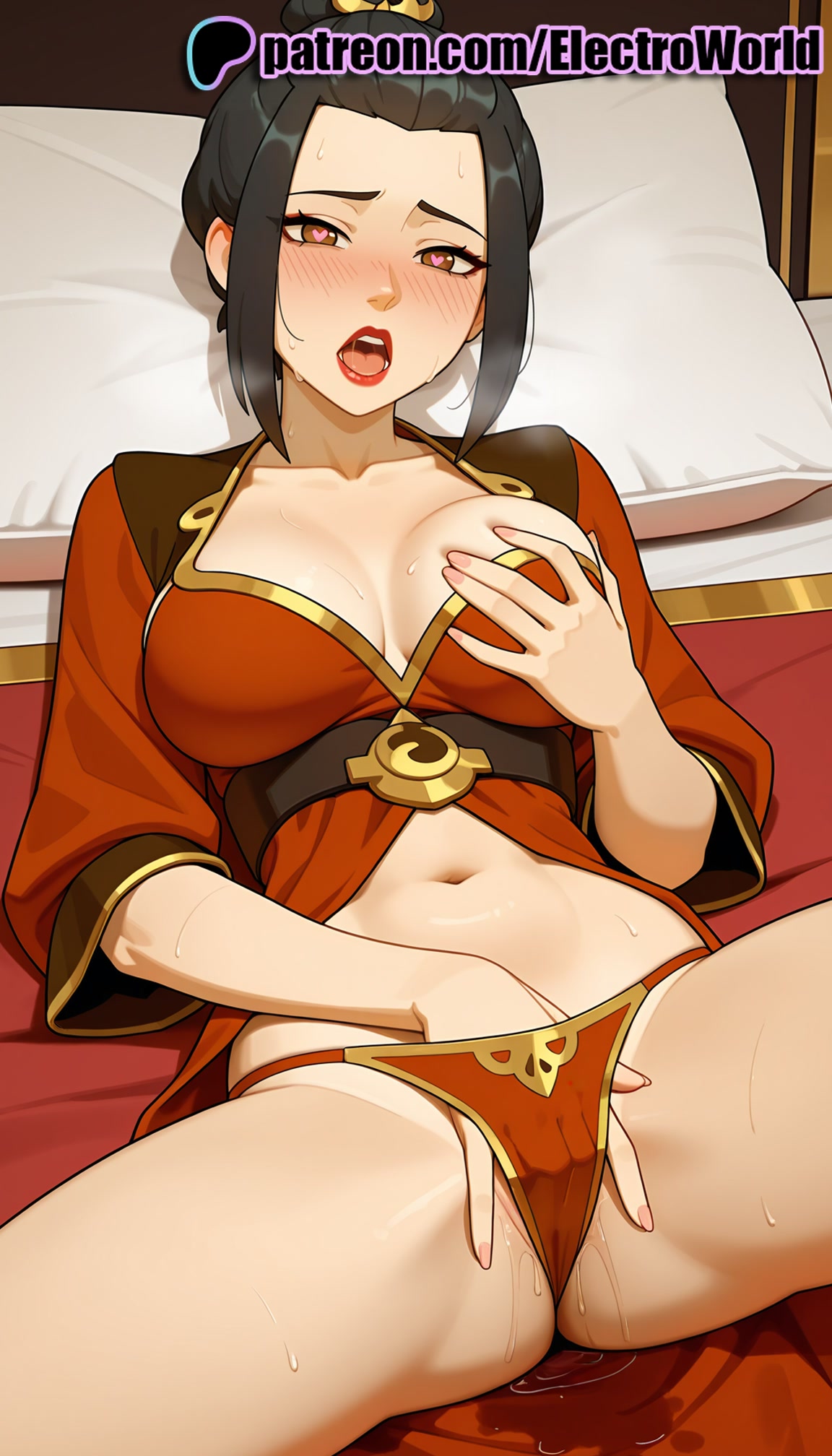 1girls, 2025, ai generated, artist name, avatar the last airbender, azula, black hair, blush, breasts, bust, chest, clothed masturbation, electroworld, female, fingering, hair bun, hand in panties, heart, heart-shaped pupils, hi res, high quality, high resolution, highres, legs apart, legs spread, looking pleasured, masturbation, navel, open legs, orgasm, orgasm face, panties, patreon, patreon username, pleasure face, pussy, pussy juice, self fondle, solo, splayed legs, spread legs, stable diffusion, sweat, symbol-shaped pupils, underwear, watermark