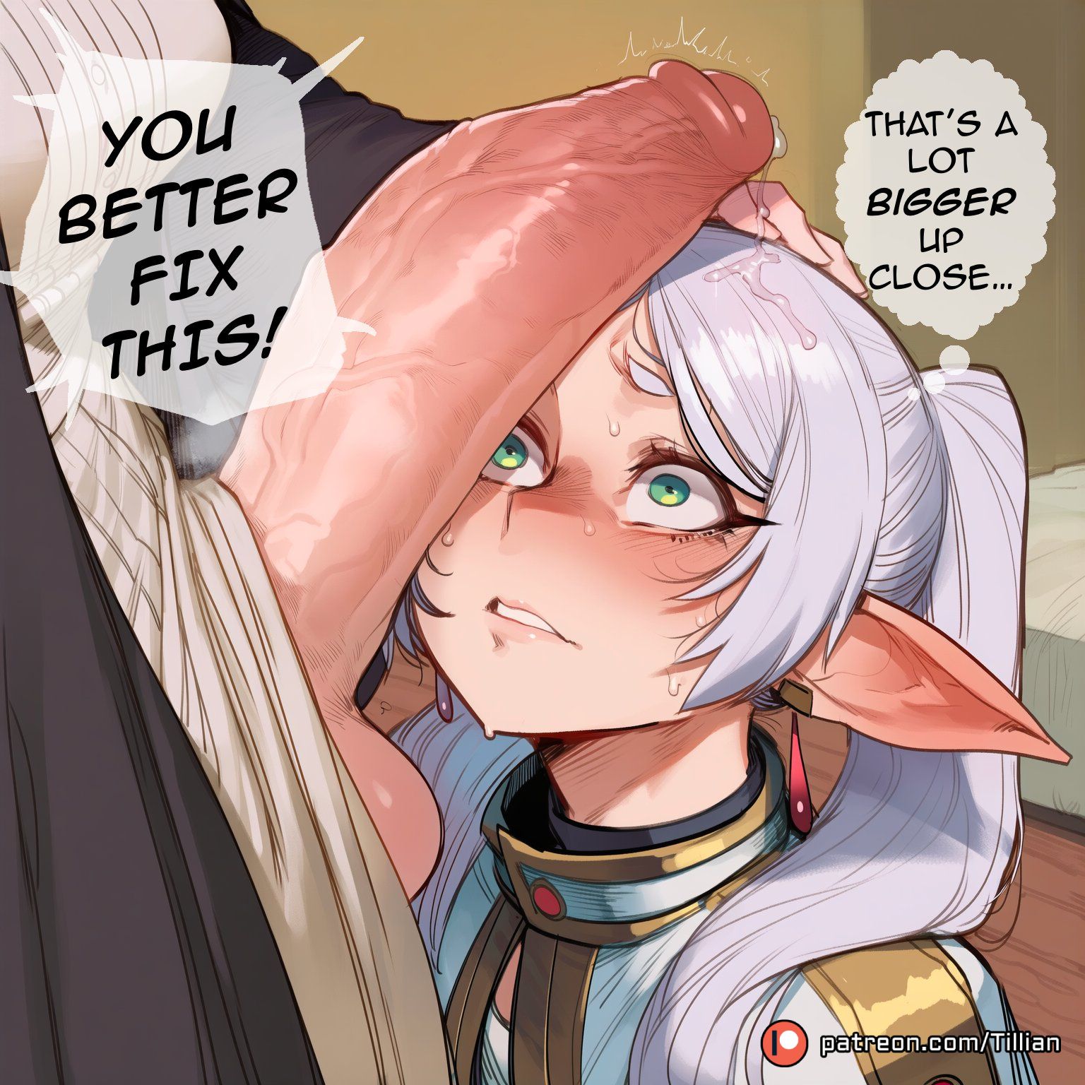 2girls, ai generated, artist name, balls, blush, capelet, dangle earrings, earrings, elf, english text, erection, female, fern (sousou no frieren), frieren, futa with female, futanari, green eyes, grey hair, hand on another's head, huge cock, huge testicles, imminent fellatio, intersex, jewelry, large penis, long hair, looking at penis, multiple females, multiple girls, patreon logo, patreon username, penis, penis awe, penis on face, pointy ears, precum, solo focus, sousou no frieren, speech bubble, sweat, teeth, testicles, thought bubble, tillian, twintails, uncensored, veins, veiny penis, web address, white capelet, white hair, wide-eyed