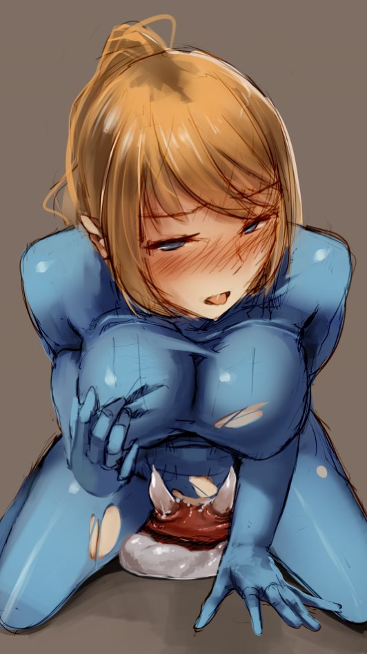 blonde_hair blue_eyes blush bodysuit breasts cowgirl_position cunnilingus female full-face_blush grabbing_own_breast half-closed_eyes large_breasts long_hair metroid metroid_(creature) nintendo noccu oral ponytail samus_aran self_fondle skin_tight solo_focus straddling tied_hair tongue tongue_out torn_bodysuit torn_clothes torogao zero_suit zero_suit_samus