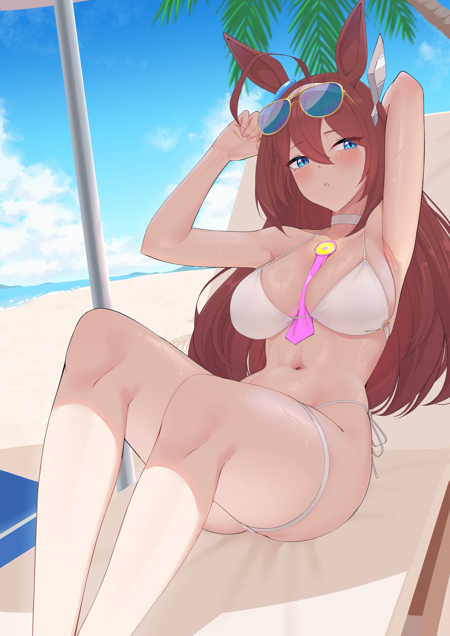 animal ears, big ass, big breasts, big butt, big thighs, big titties, bikini, breasts, brown hair, curvaceous, curvaceous female, curvaceous figure, curvy, curvy figure, curvy hips, female, female focus, female only, long hair, mihono bourbon (umamusume), necropoi, umamusume, umamusume pretty derby