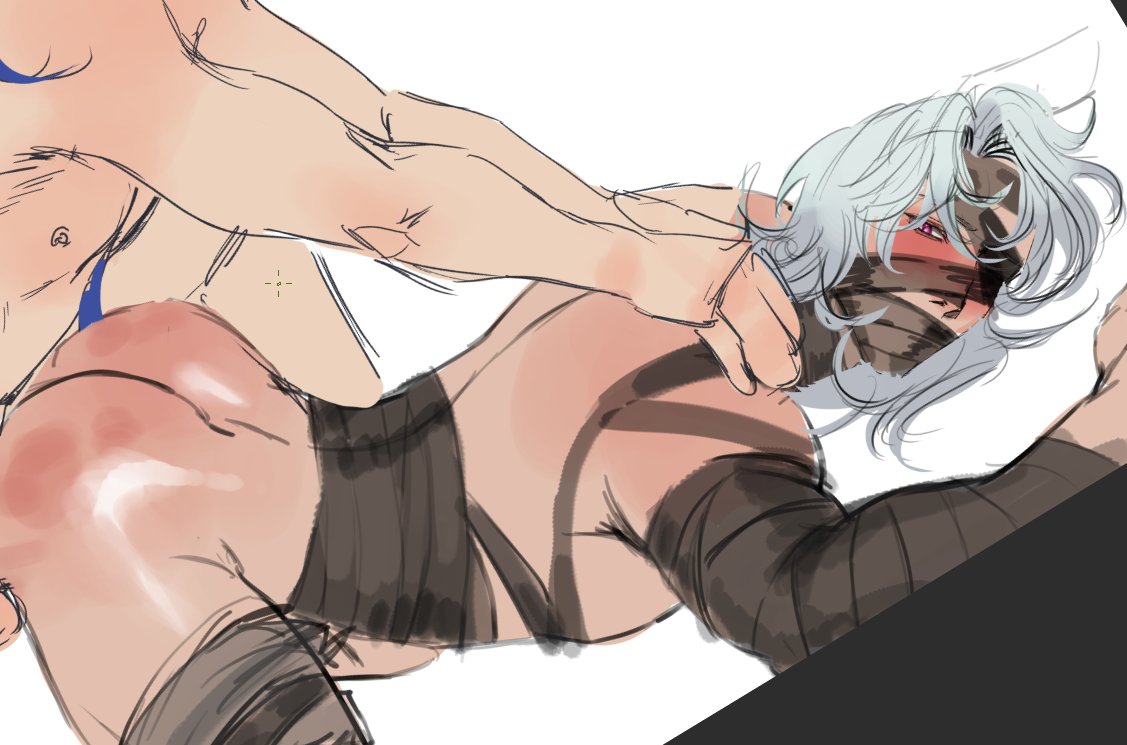 2boys, backshots, bandage, bandages, blue hair, doggy style, flins (genshin impact), gay, genshin impact, male, male only, nude, red eyes, rerir (genshin impact), small dom big sub, white hair, yaoi