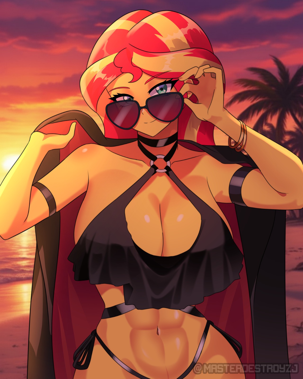 1girls, abs, aged up, alternate version available, artist name, artist watermark, ascended/redeemed villainess, beach, big breasts, big thighs, big titties, bikini, blue eyes, breasts, clothing, curvaceous, curvaceous female, curvaceous figure, curvy, curvy figure, curvy hips, equestria girls, female, female focus, female only, friendship is magic, hasbro, human, looking at viewer, masterdestroyzj, multicolored hair, my little pony, outdoors, outside, red and yellow hair, red hair, smile, solo, solo female, strong, strong female, sunglasses, sunset, sunset shimmer, swimsuit, swimwear, two-tone hair, yellow skin