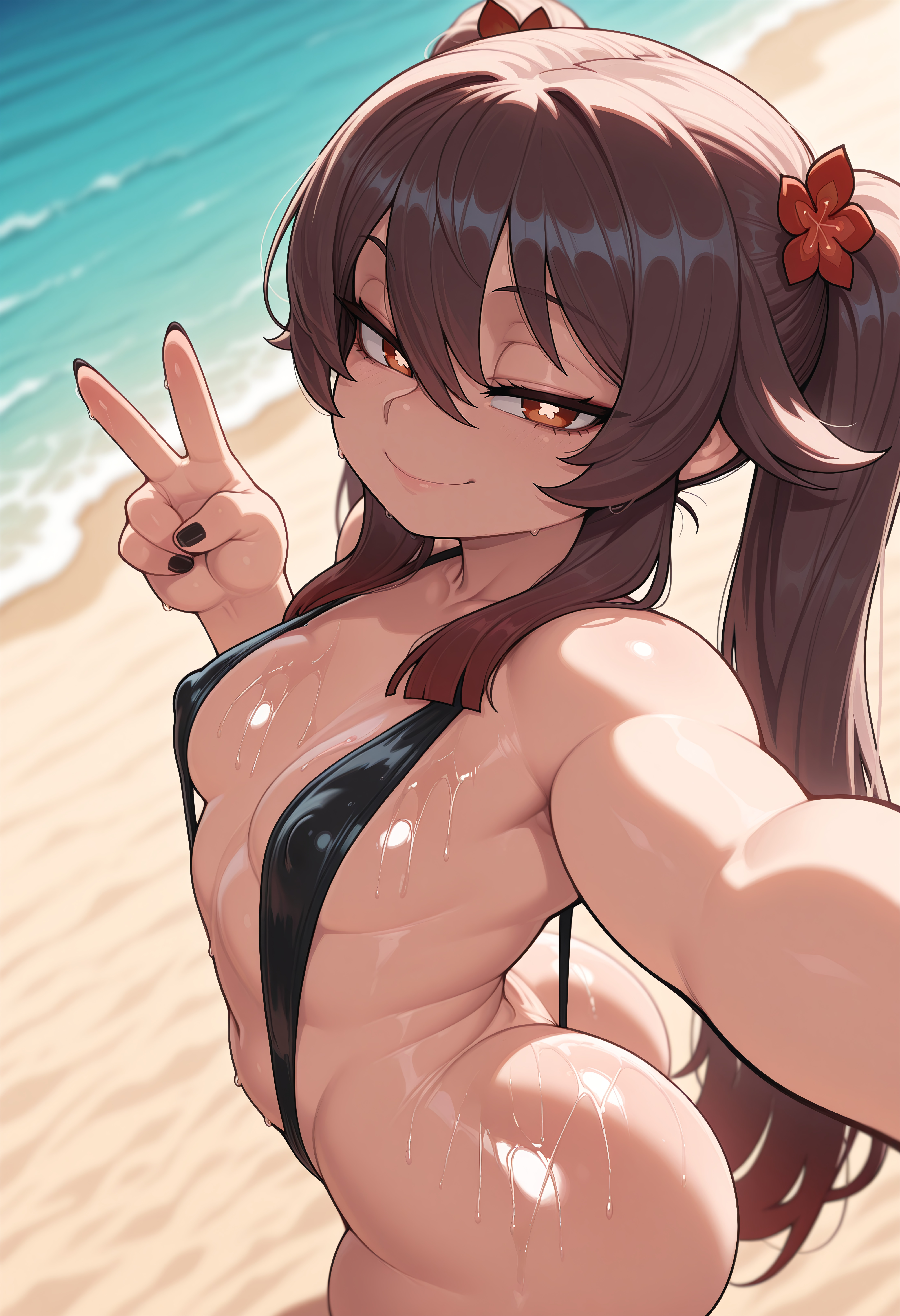 ai generated, beach, big ass, female, genshin impact, hu tao (genshin impact), nipple bulge, nipples visible through clothing, speedo, tagme