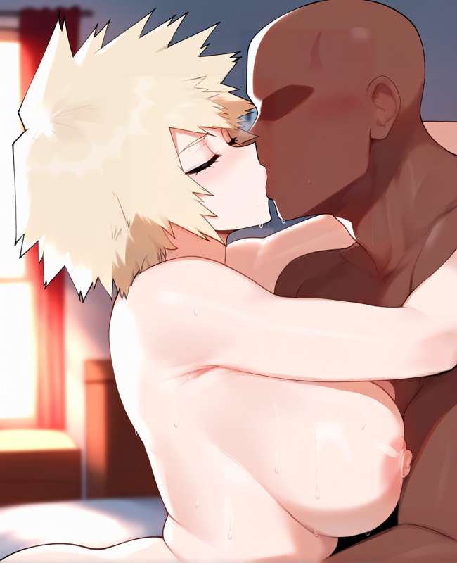 1boy, 1girls, ai generated, bald, bald male, big breasts, blonde hair, boku no hero academia, breasts, dark-skinned male, erodreams, female, interracial, kissing, male, mature, mature female, milf, mitsuki bakugou, my hero academia, naked, naked female, naked male
