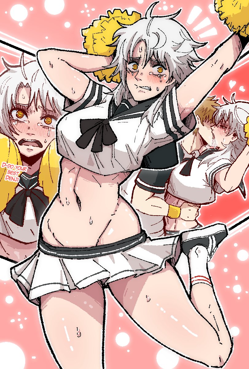 1boy, 1girls, aroused, big breasts, black sailor collar, blonde hair, blush, breasts, chainsaw man, cheerleader, cheerleader outfit, cheerleader uniform, crop top, crying, crying with eyes open, curvy, curvy female, denji (chainsaw man), english text, fami (chainsaw man), female, fit, fit female, forced kiss, highres, imminent sex, kissing, legs up, light skin, light-skinned female, light-skinned male, looking pleasured, male, mark gavatino, medium hair, miniskirt, navel, open mouth, pom pom (cheerleading), sailor collar, skirt, slim waist, tears, text, thighs, waist grab, white hair, white skirt, white-haired female, wide hips, yellow eyes