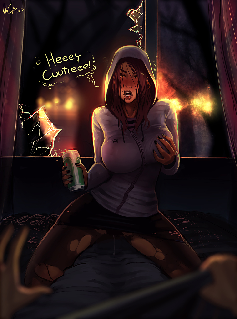 1girls, accident, beauty mark, bed, beer, big breasts, break in, breast grab, breast squeeze, breasts, brown hair, crazy, drunk, female, femdom, grope, home invasion, hoodie, human, incase, large breasts, miniskirt, open mouth, pantyhose, pubic hair, pussy, pussy juice, sweatshirt, uncensored, wet