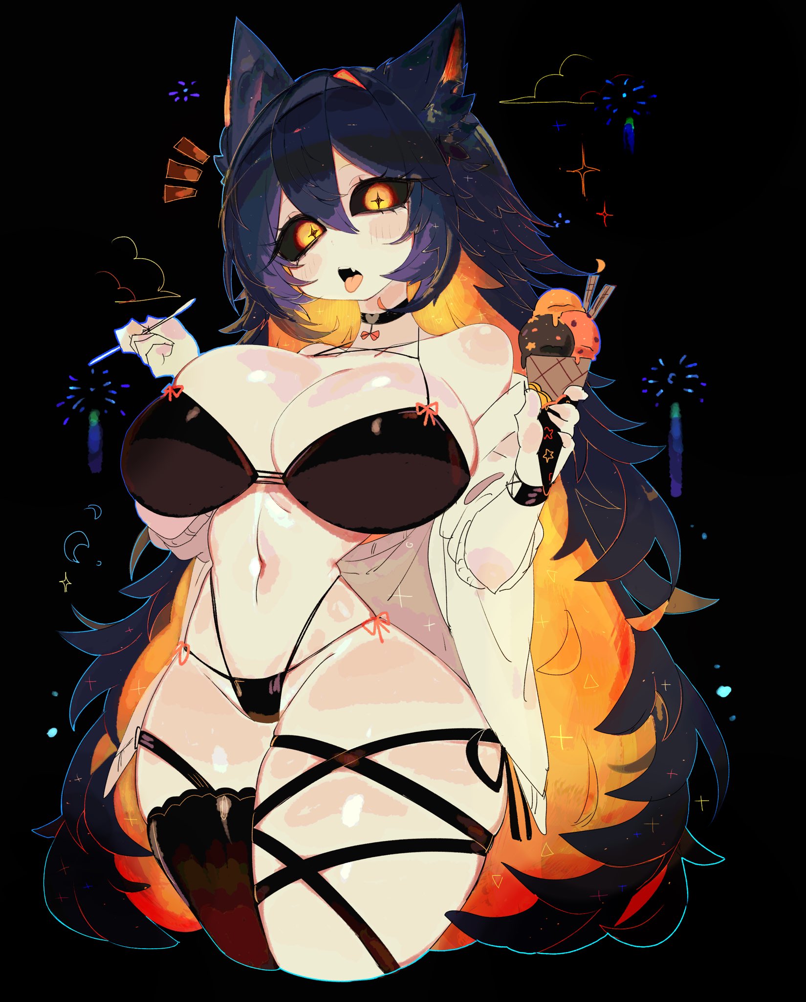 1girls, big breasts, bikini, bimbo, black background, black hair, breasts, collar, dog ears, female, female only, indie virtual youtuber, light skin, milla noire (vtuber), nails painted, one eye closed, orange hair, thick thighs, tongue, tongue out, usa37107692, virtual youtuber, voluptuous, voluptuous female, vtuber, yellow eyes