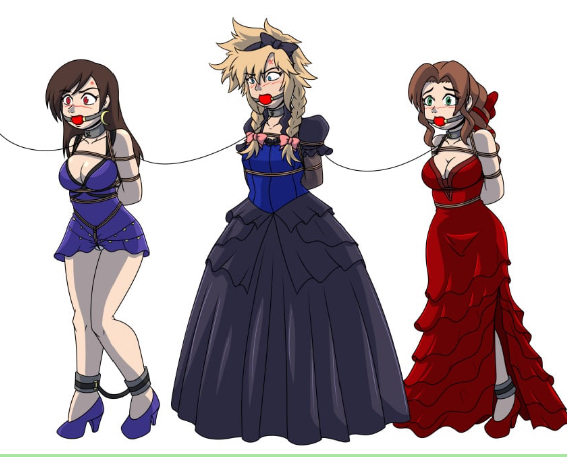 1boy, 2d, 2girls, aerith gainsborough, arms behind back, ball gag, big breasts, blonde hair, blue dress, bondage, both sexes in same situation, breasts, brown hair, cloud strife, coffle, color, crossdressing, dress, female, femboy, femboy on female, final fantasy, final fantasy vii, full color, gag, gagged, gagged female, heels, helpless, high heels, light skin, male, red dress, slave, slave collar, slave outfit, superbird43, tifa lockhart, white hair, wig