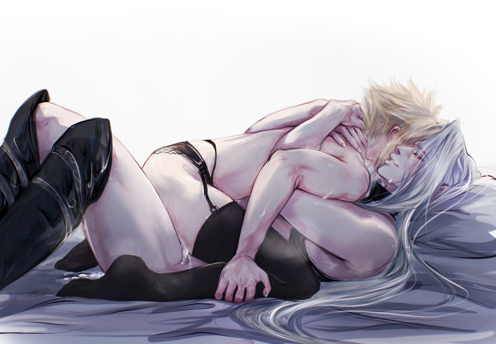 2boys, after anal, after sex, blonde hair, boots, cloud strife, color, crossdressing, crying, crying with eyes closed, cum, cyfil7, duo, embrace, feminine male, final fantasy, final fantasy vii, garter straps, gay, hug, long hair, male, male/male, naked, naked boots, naked footwear, nude, on bed, sephiroth, silver hair, size difference, spiky hair, square enix, sweat, tagme, thighhighs, thighs, white background, yaoi